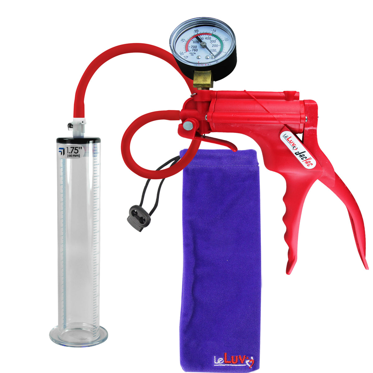 JacVac Penis Pump - Red Swivel Handle + Gauge, Silicone Hose - 9" x 1.75" Wide Flange Cylinder