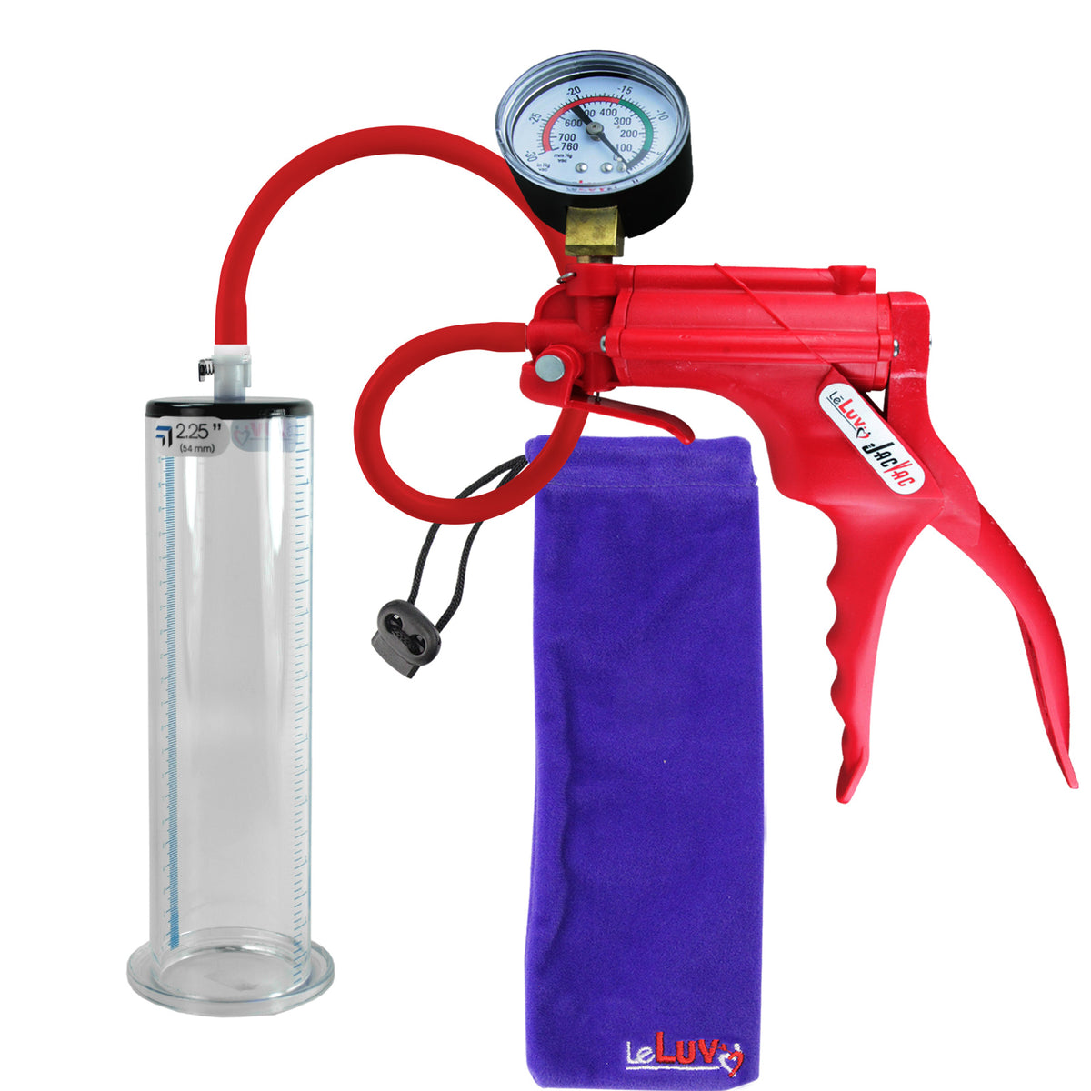 JacVac Penis Pump - Red Swivel Handle + Gauge, Silicone Hose - 9" x 2.25" Wide Flange Cylinder