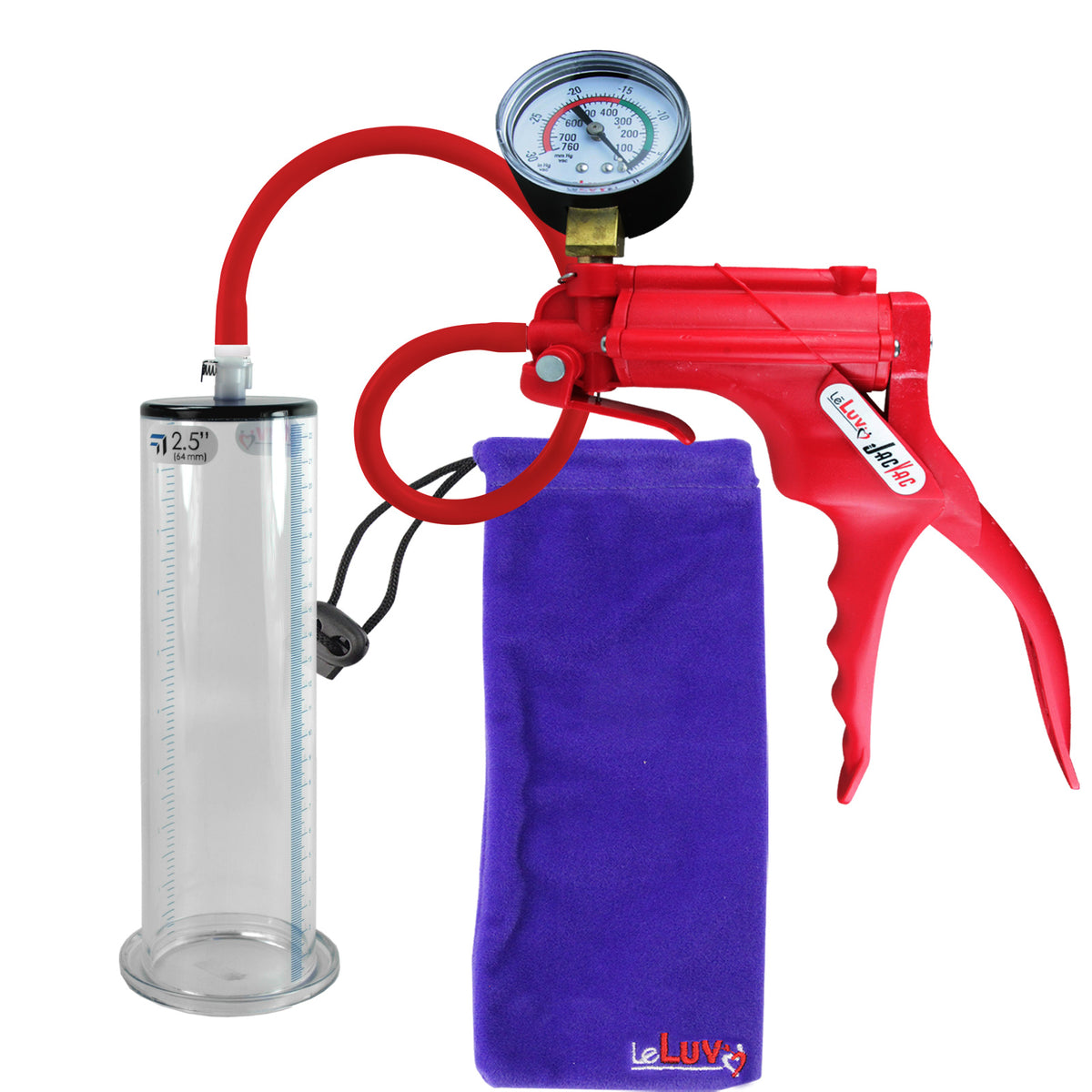JacVac Penis Pump - Red Swivel Handle + Gauge, Silicone Hose - 9" x 2.50" Wide Flange Cylinder