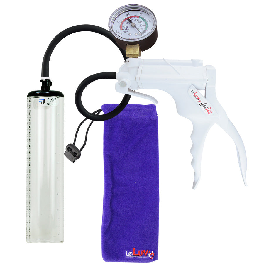 JacVac Penis Pump - White Swivel Handle + Gauge, Black Hose - 9" x 1.9" Thick-Walled Penis Cylinder