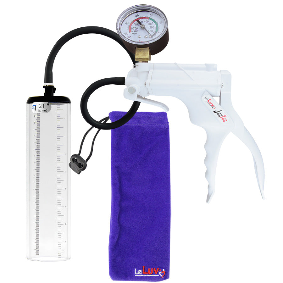 JacVac Penis Pump - White Swivel Handle + Gauge, Black Hose - 9" x 2.1" Thick-Walled Penis Cylinder