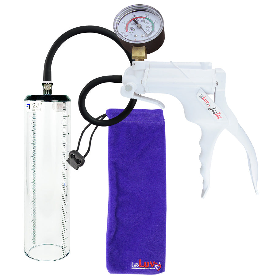 JacVac Penis Pump - White Swivel Handle + Gauge, Black Hose - 9" x 2.3" Thick-Walled Penis Cylinder