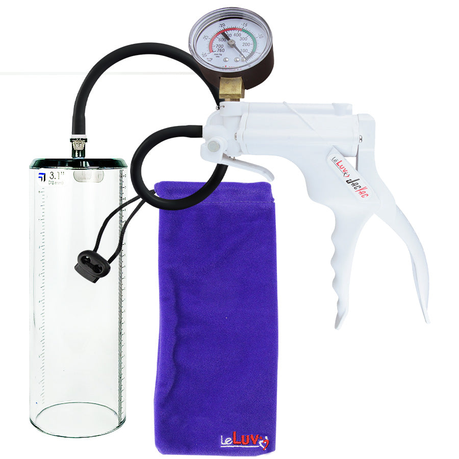 JacVac Penis Pump - White Swivel Handle + Gauge, Black Hose - 9" x 3.1" Thick-Walled Penis Cylinder