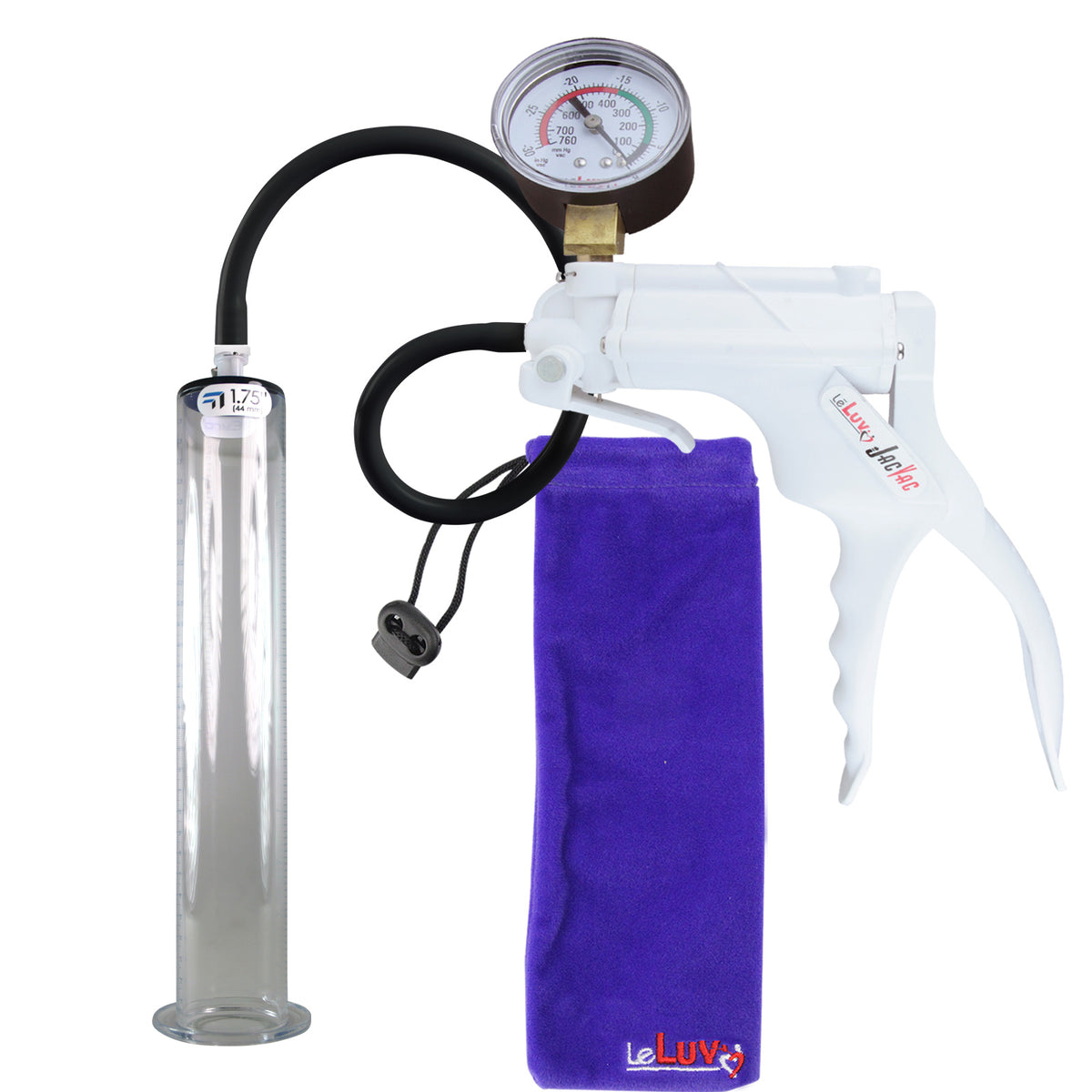 JacVac Penis Pump - White Swivel Handle + Gauge, Black Hose - 12" x 1.75" Wide Flange Cylinder