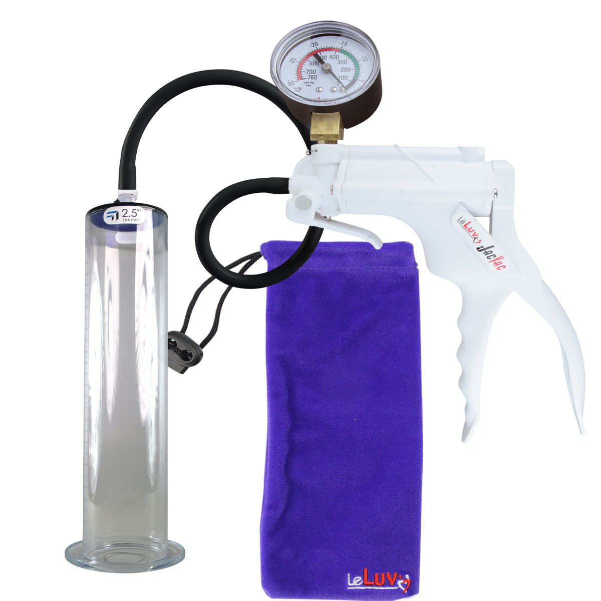 JacVac Penis Pump - White Swivel Handle + Gauge, Black Hose - 12" x 2.50" Wide Flange Cylinder
