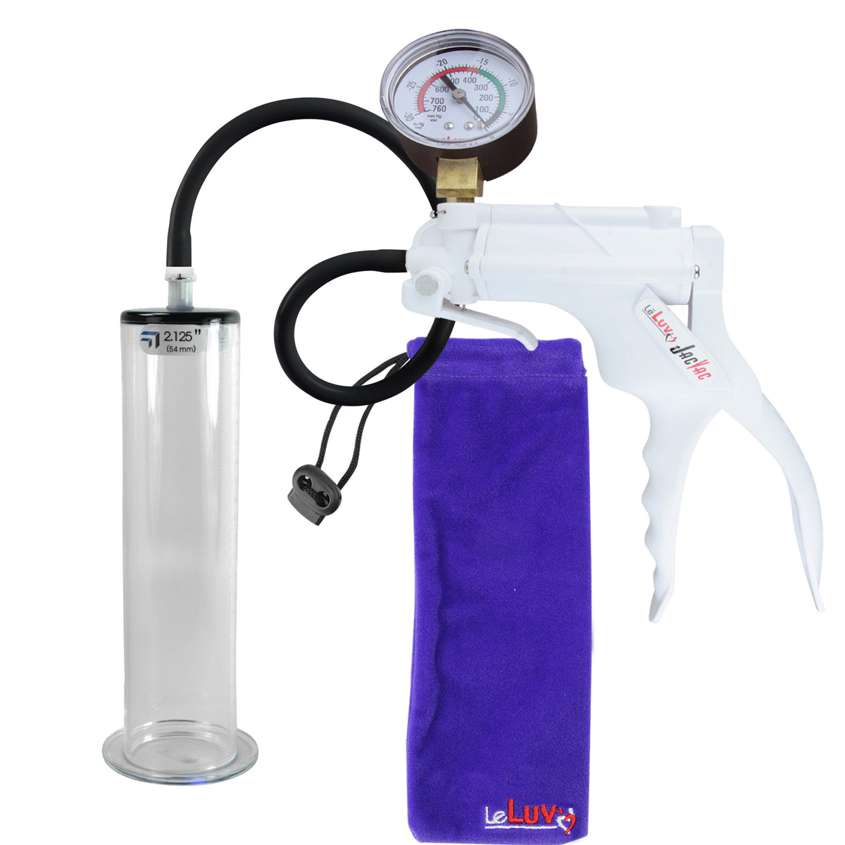 JacVac Penis Pump - White Swivel Handle + Gauge, Black Hose - 9" x 2.125" Wide Flange Cylinder