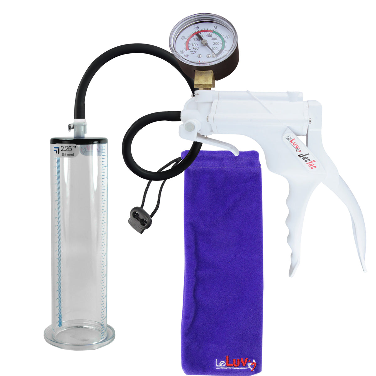 JacVac Penis Pump - White Swivel Handle + Gauge, Black Hose - 9" x 2.25" Wide Flange Cylinder