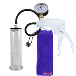 JacVac Penis Pump - White Swivel Handle + Gauge, Black Hose - 9" x 2.25" Wide Flange Cylinder