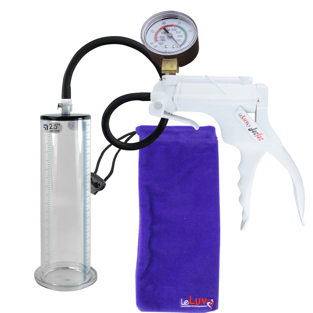 JacVac Penis Pump - White Swivel Handle + Gauge, Black Hose - 9" x 2.50" Wide Flange Cylinder