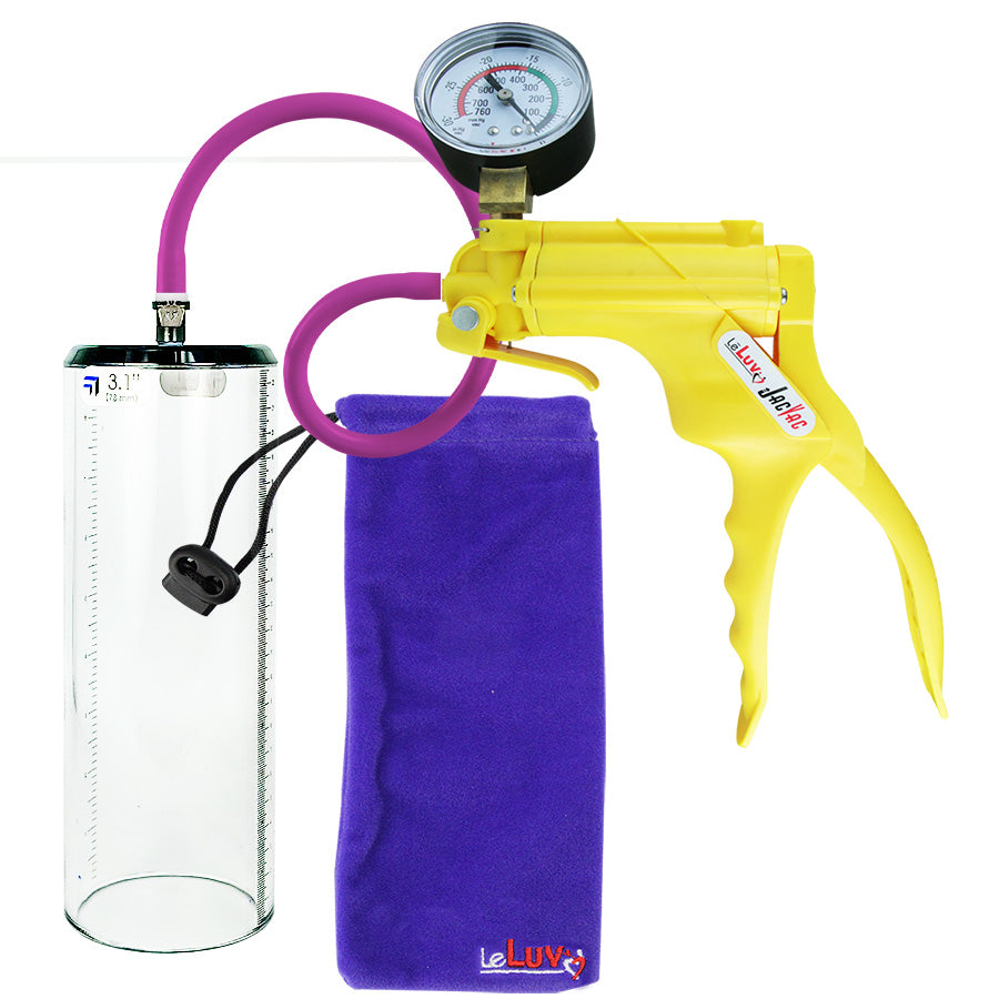 JacVac Penis Pump - Yellow Swivel Handle + Gauge, Silicone Hose - 9" x 3.1" Thick-Walled Penis Cylinder