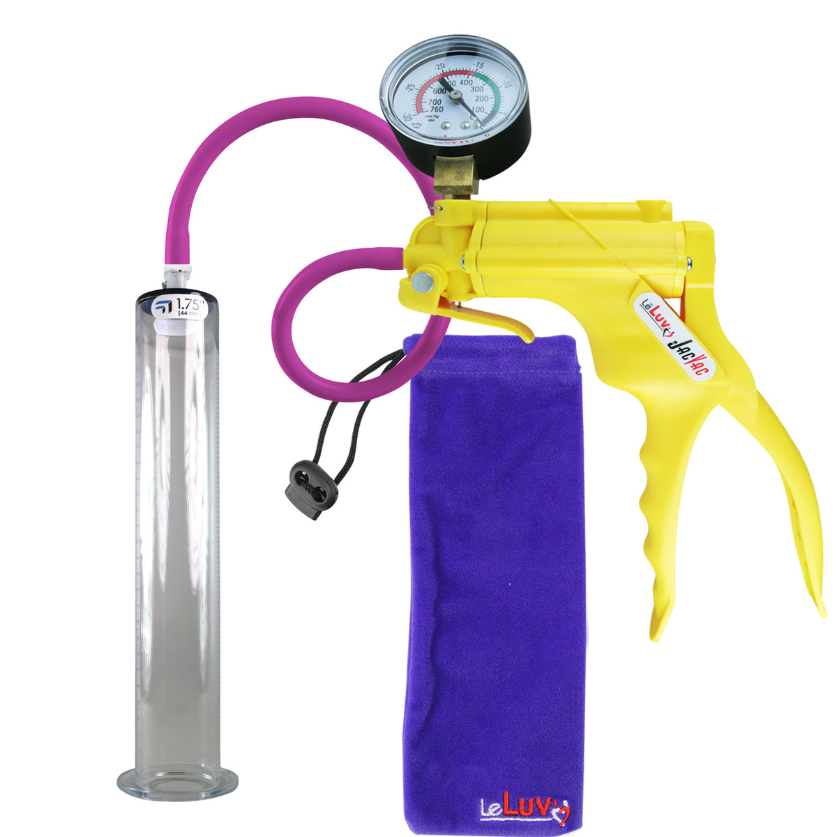 JacVac Penis Pump - Yellow Swivel Handle + Gauge, Silicone Hose - 12" x 1.75" Wide Flange Cylinder