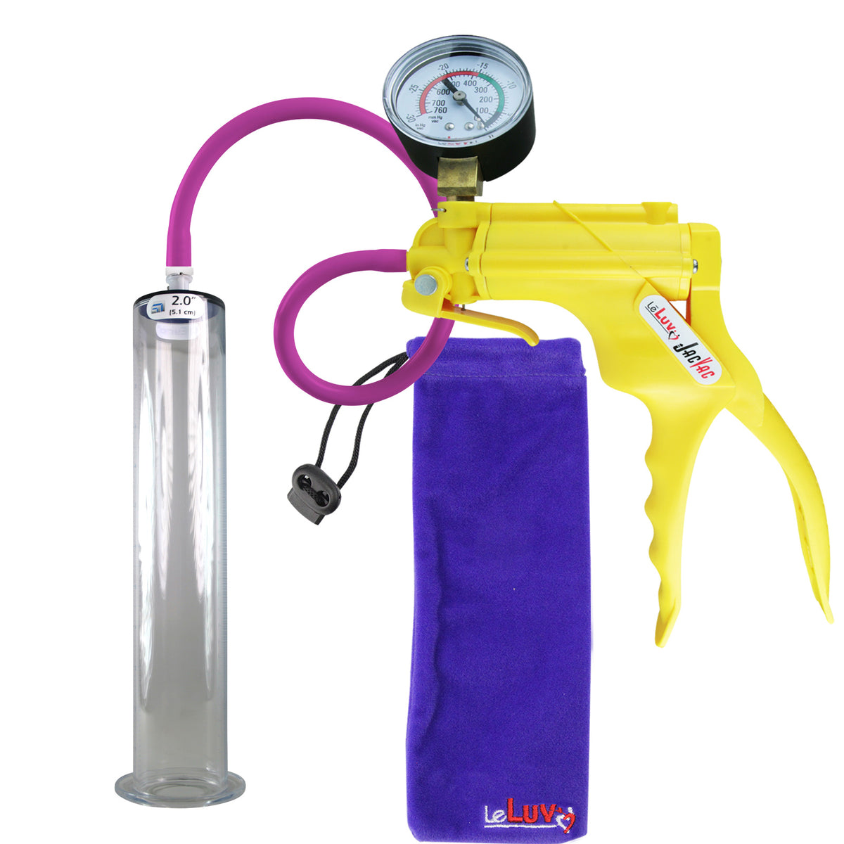 JacVac Penis Pump - Yellow Swivel Handle + Gauge, Silicone Hose - 12" x 2.00" Wide Flange Cylinder