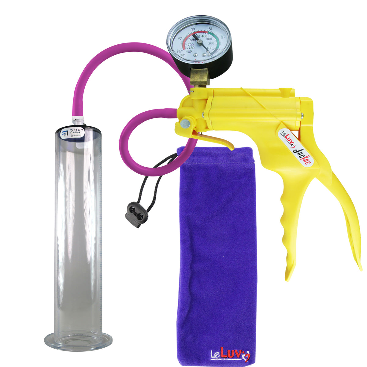 JacVac Penis Pump - Yellow Swivel Handle + Gauge, Silicone Hose - 12" x 2.25" Wide Flange Cylinder