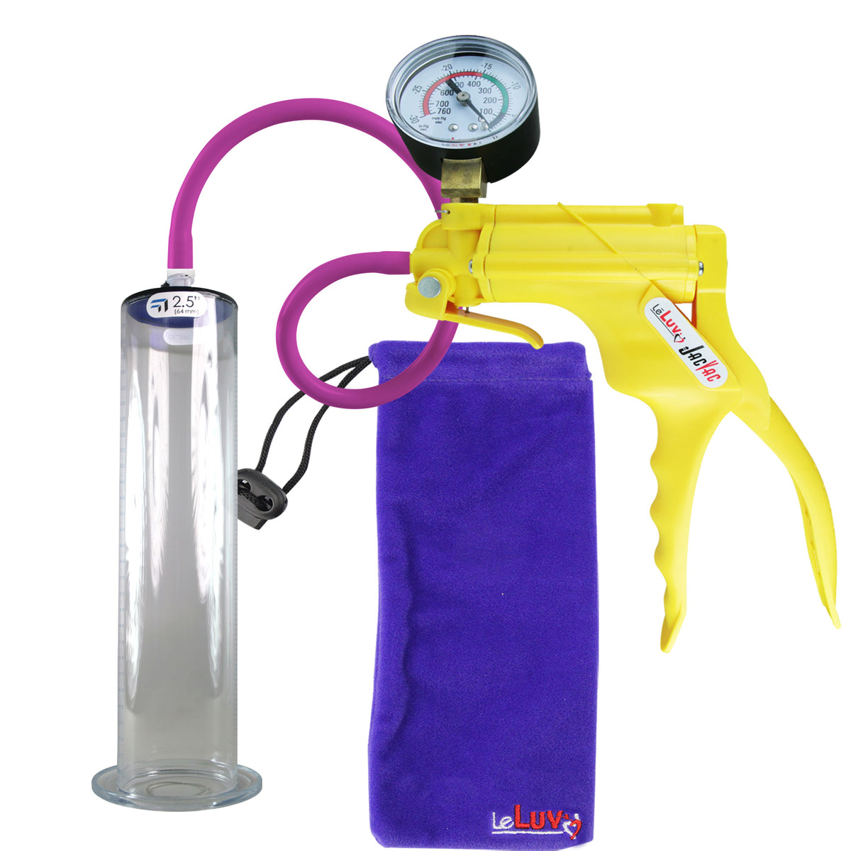 JacVac Penis Pump - Yellow Swivel Handle + Gauge, Silicone Hose - 12" x 2.50" Wide Flange Cylinder