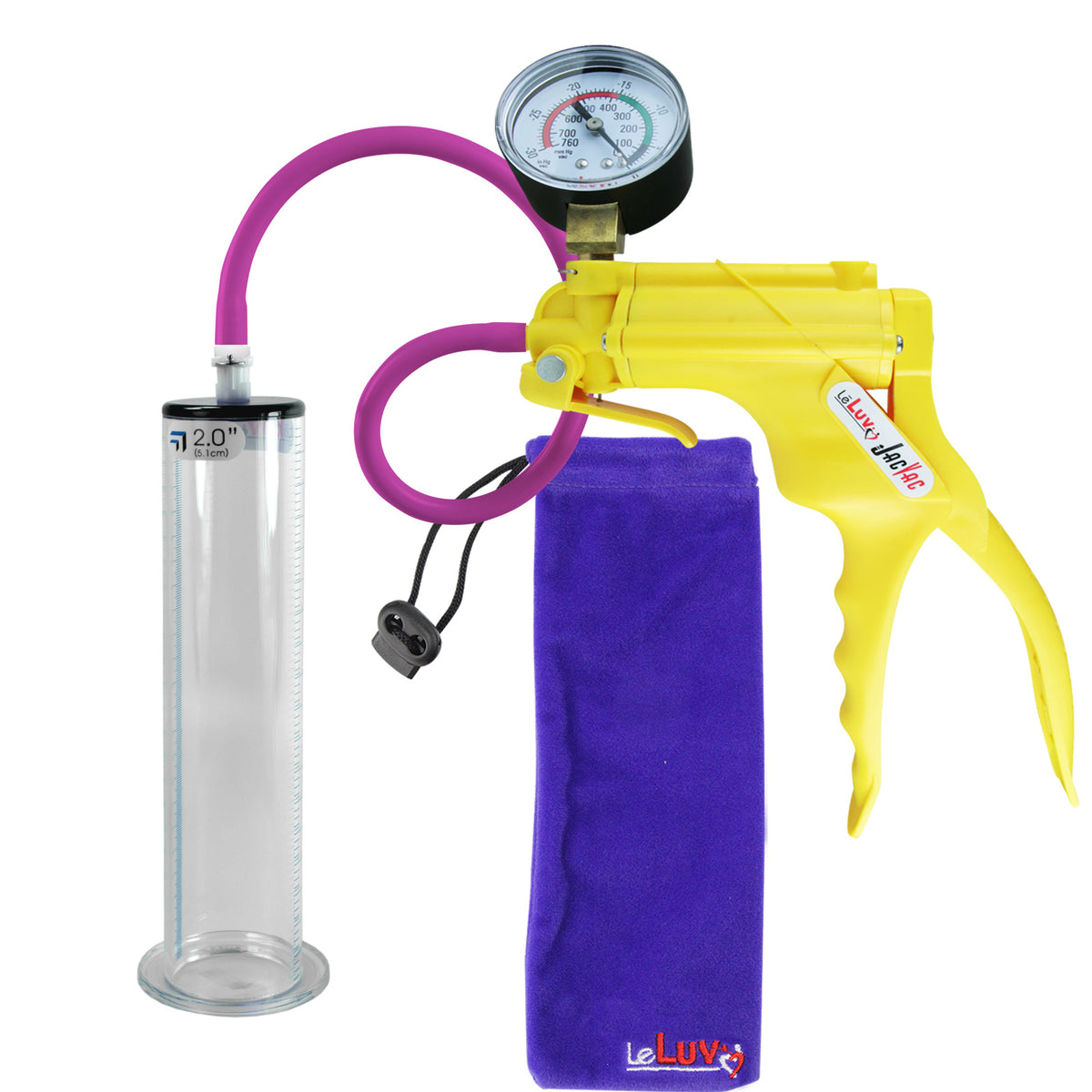 JacVac Penis Pump - Yellow Swivel Handle + Gauge, Silicone Hose - 9" x 2.00" Wide Flange Cylinder