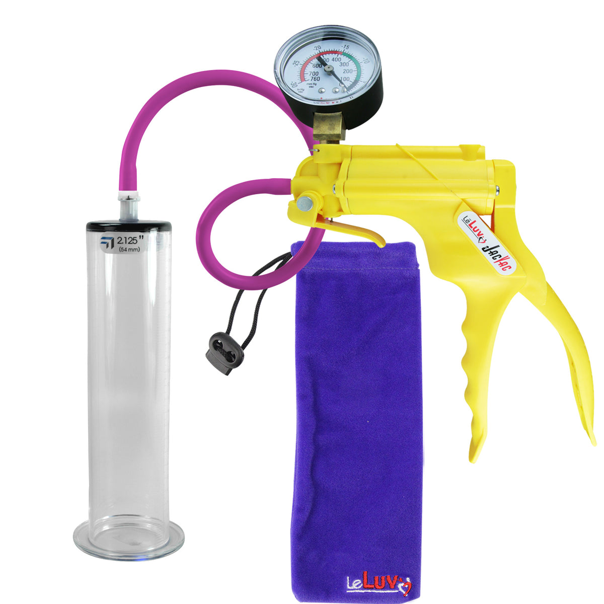 JacVac Penis Pump - Yellow Swivel Handle + Gauge, Silicone Hose - 9" x 2.125" Wide Flange Cylinder
