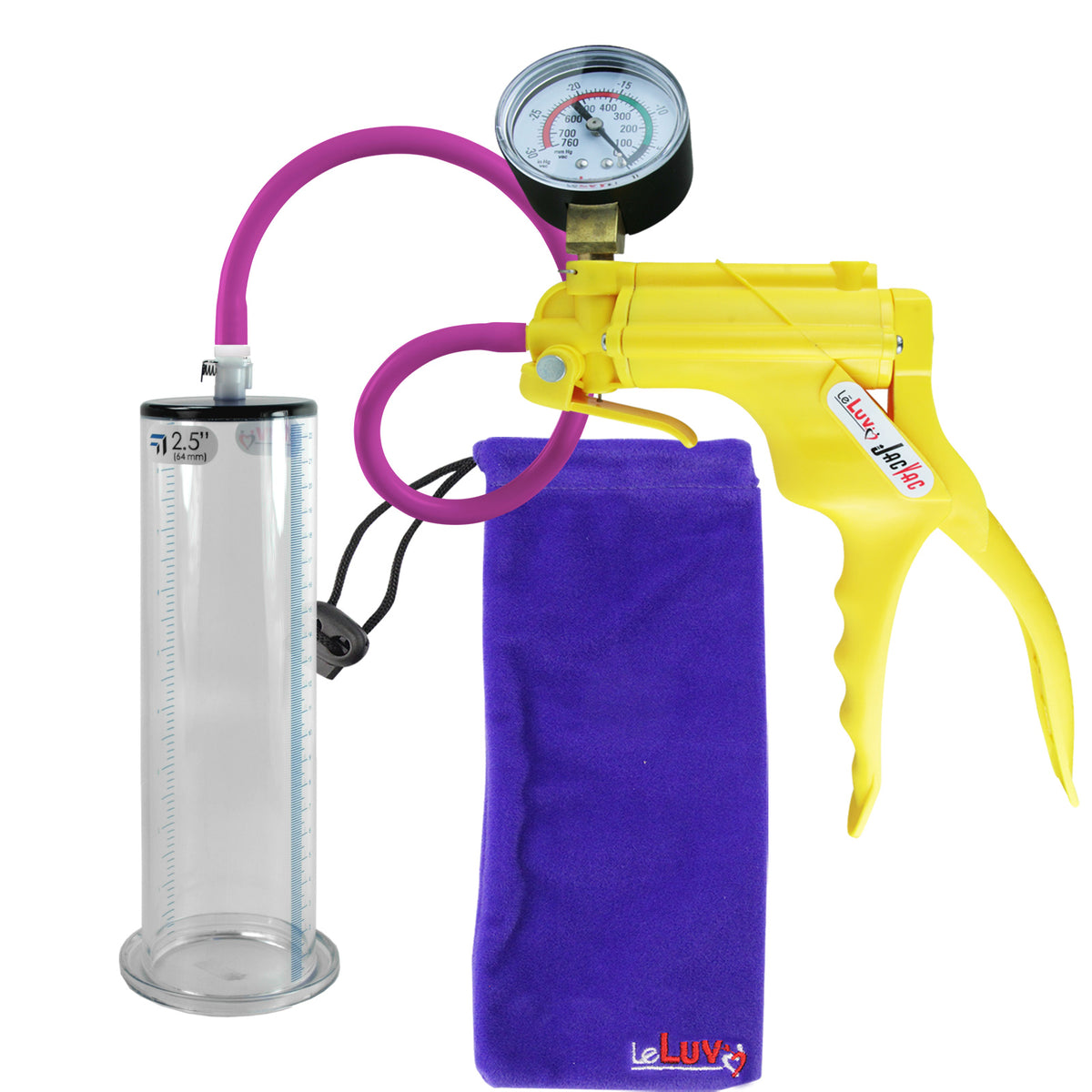 JacVac Penis Pump - Yellow Swivel Handle + Gauge, Silicone Hose - 9" x 2.50" Wide Flange Cylinder