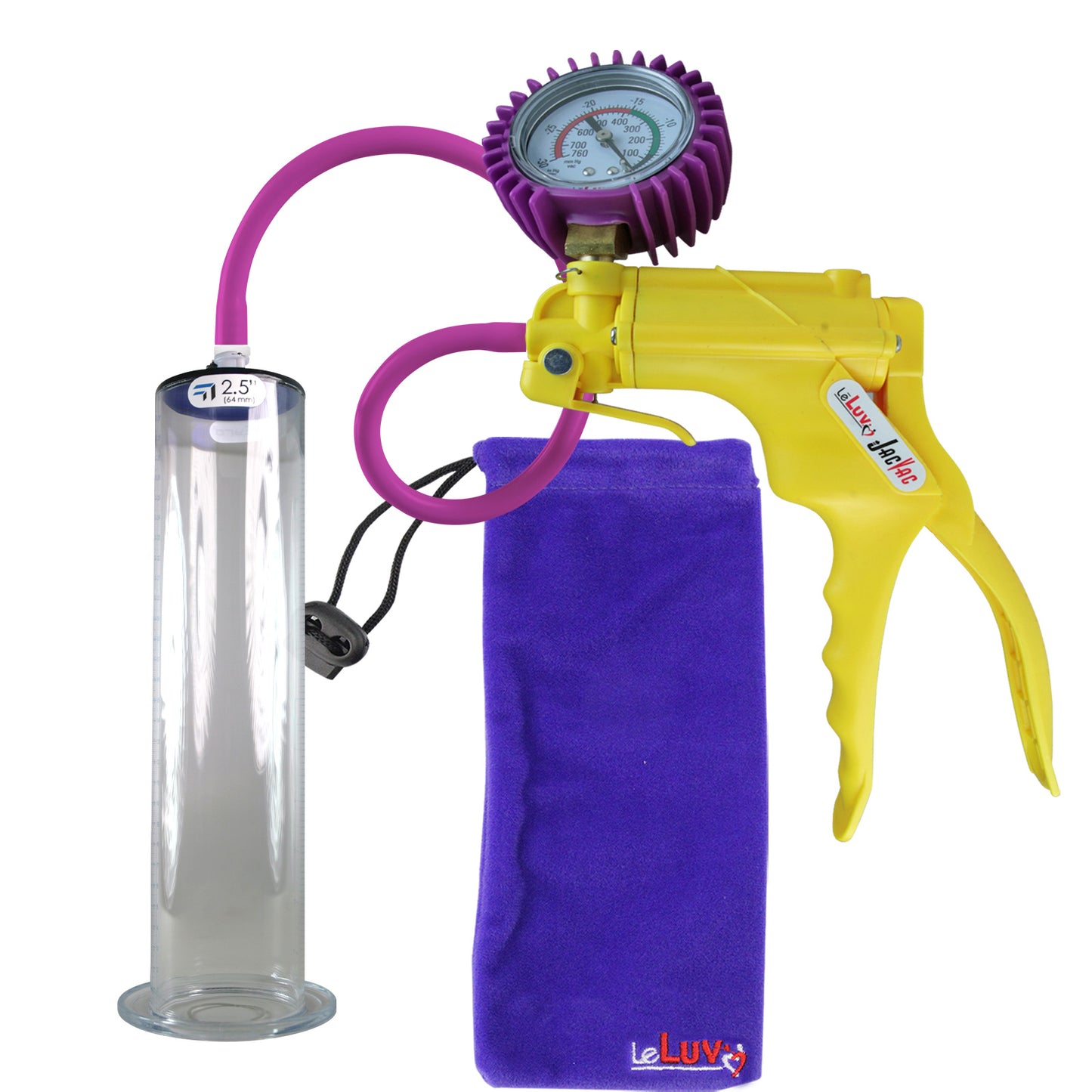 JacVac Penis Pump - Yellow Swivel Handle + Protected Gauge, Silicone Hose - 12" x 2.50" Wide Flange Cylinder