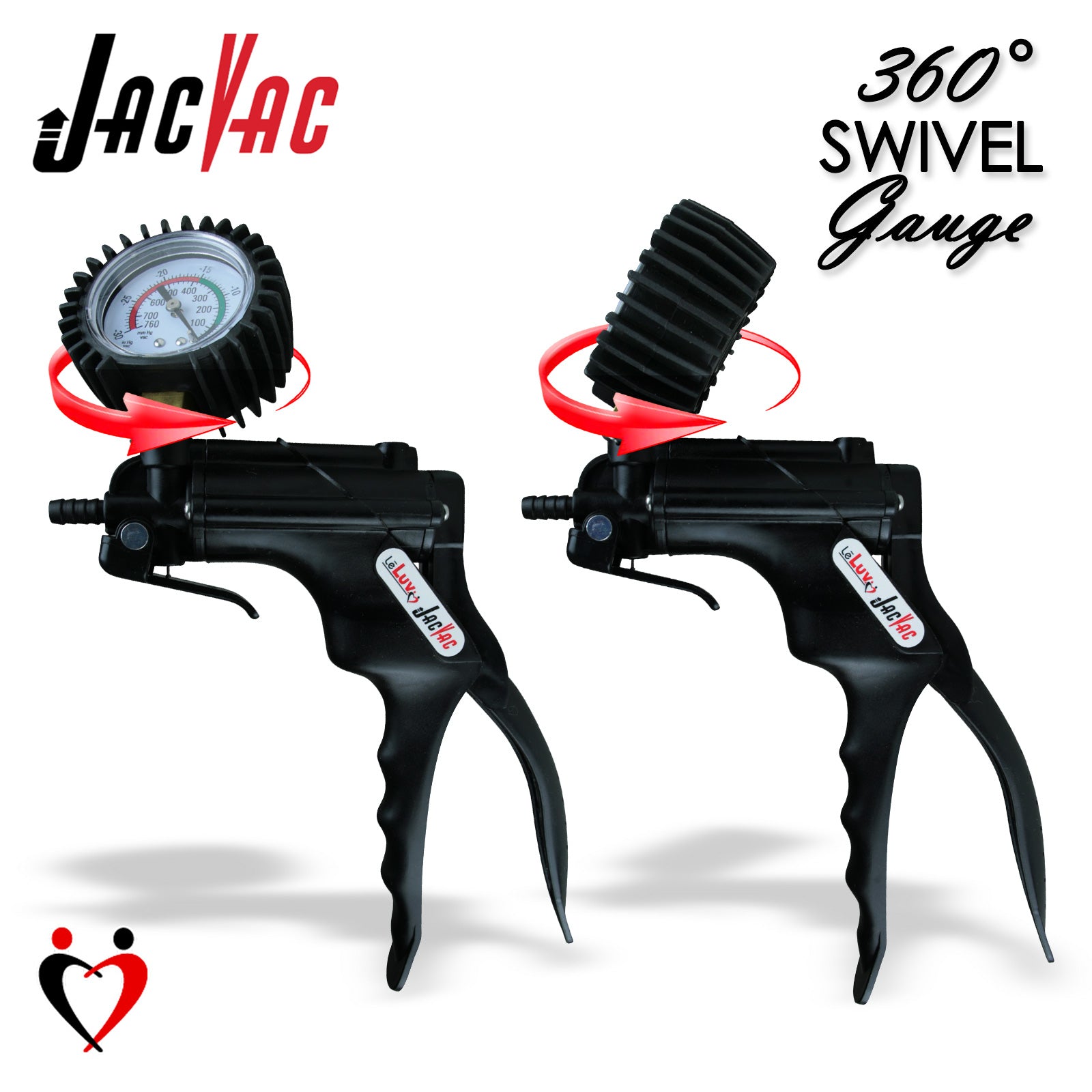 JacVac Vacuum Pump Handle | 360-Degree Swivel Gauge Options | 10 Colors!