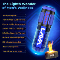 LavaBlū™ Heated Male Masturbator System – Body‑Temperature Warming, Hands‑Free Waterproof Pleasure Device with Built‑In Vacuum Pump, 9″ Suction Base, Phone Holder, Full‑Size Lube & Cleaner