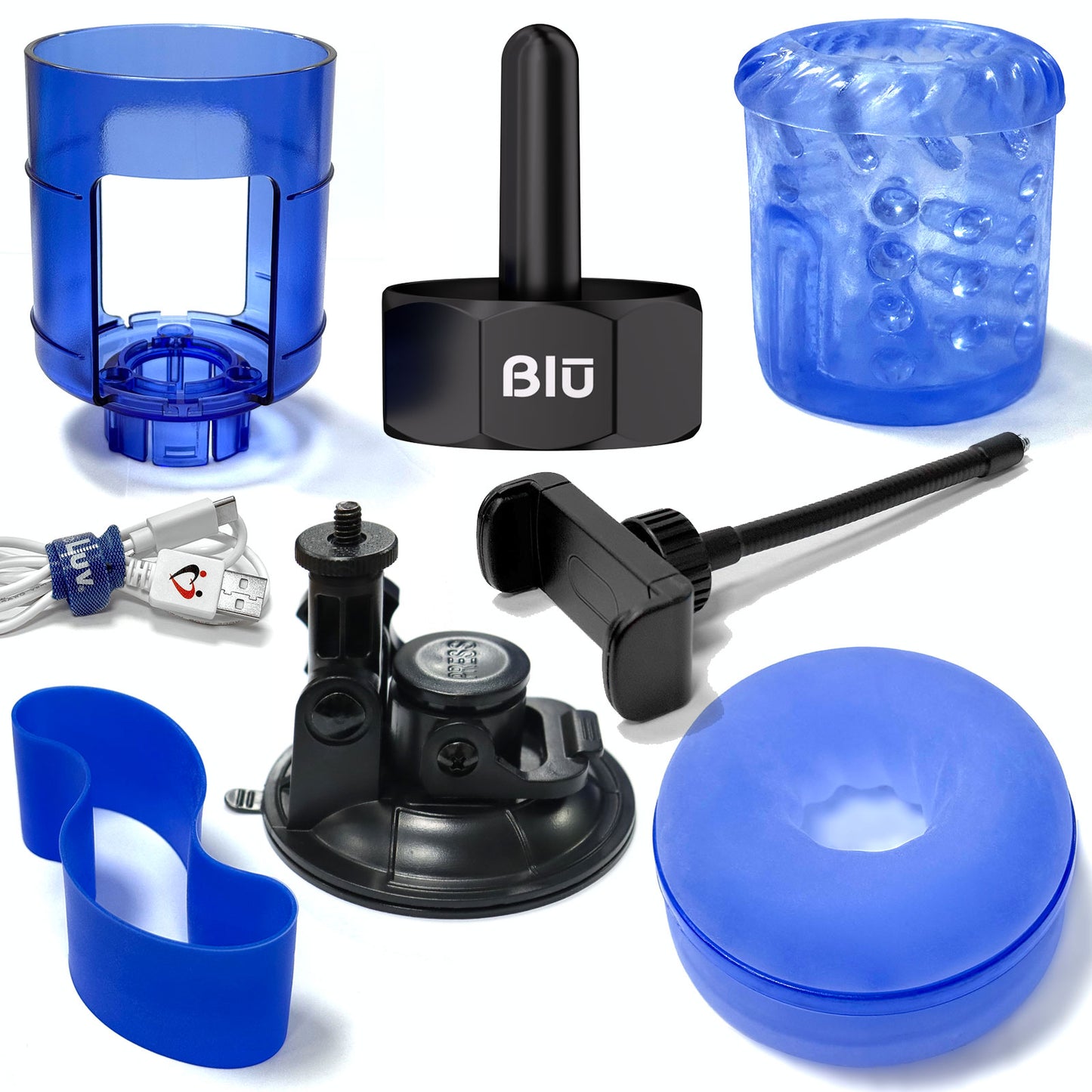 LeLuv LavaBlū™ Male Masturbator Accessories Upgrades and Replacement Parts - Thermostatic Heater Cap, Donut, Sleeve, Housing, Retention; Cellphone Holder and Suction Cup Attachements
