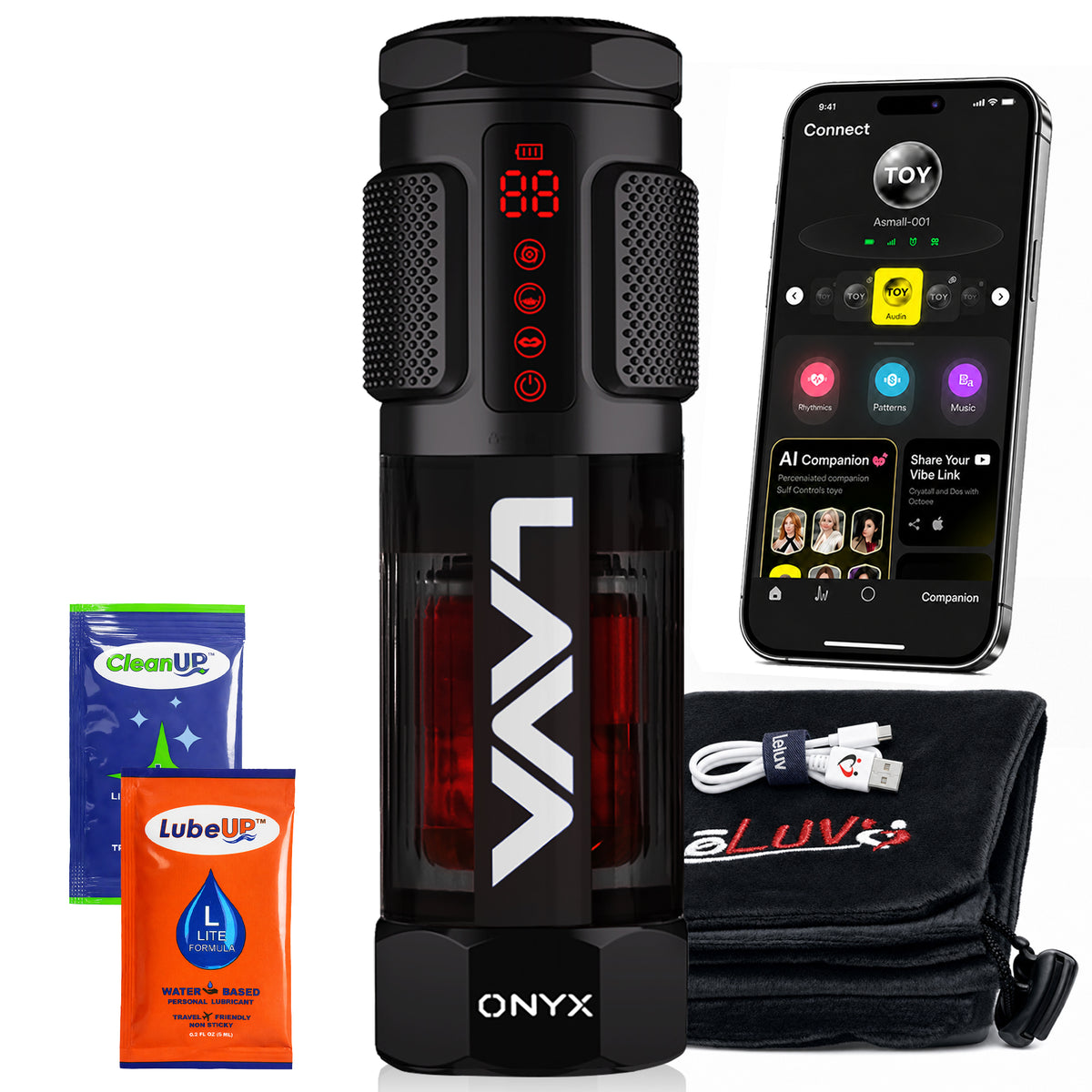 LeLuv® LavaONYX™ D11J Electric Masturbator – Self-Heating Thrusting Male Masturbator with AI Video Sync