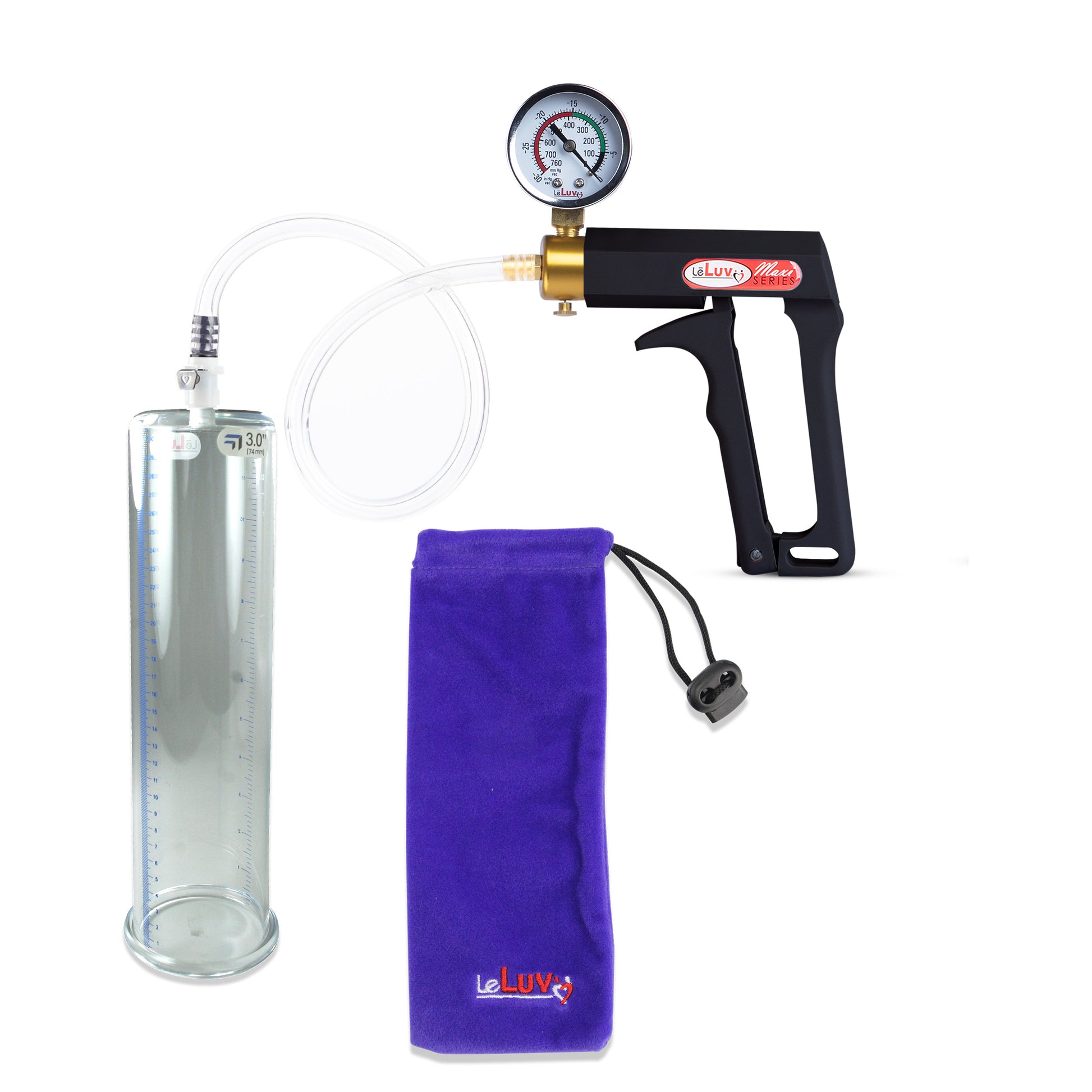 Maxi Black Handle Clear Hose | Penis Pump + Gauge | 12" x 3.00" Cylinder