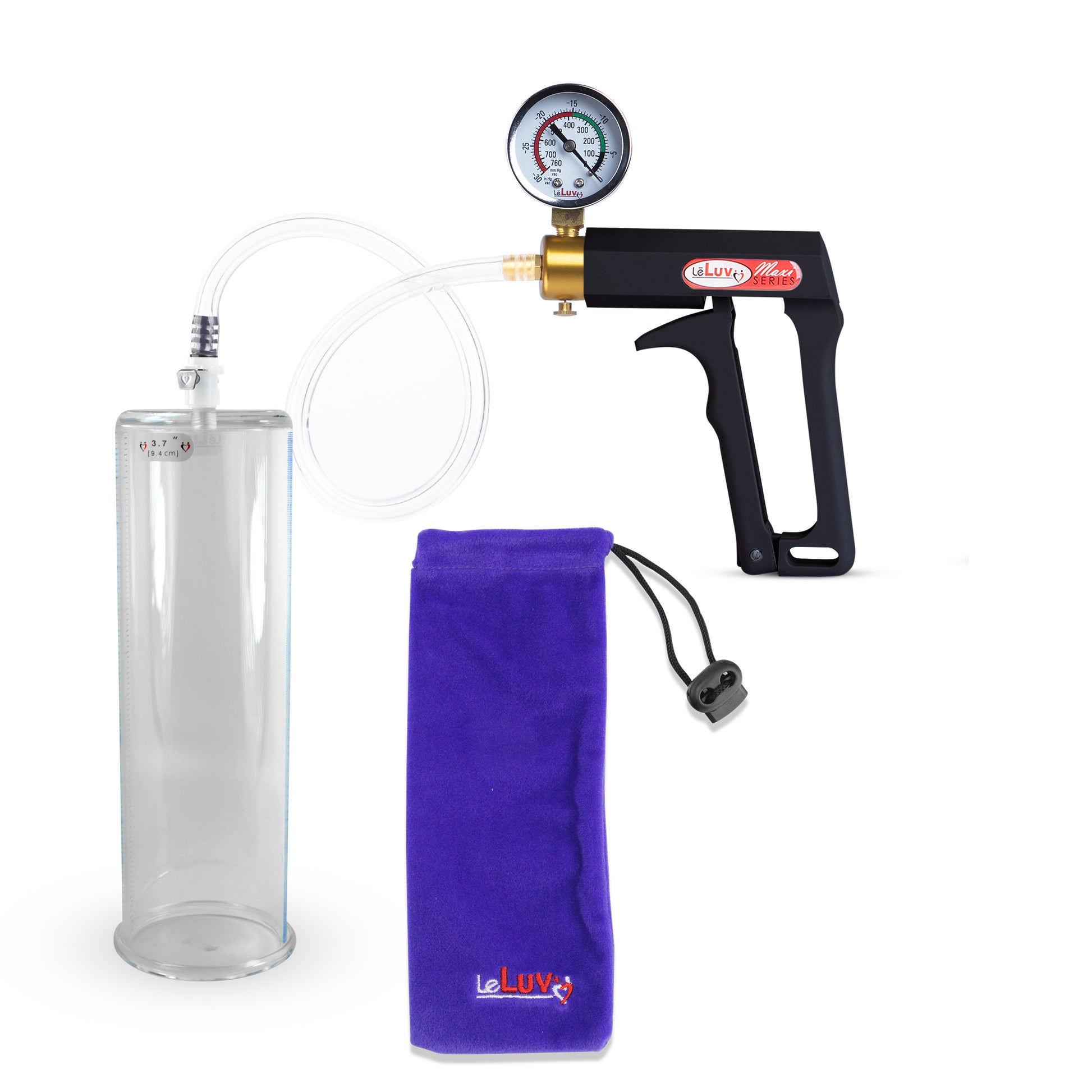 Maxi Black Handle Clear Hose | Penis Pump + Gauge | 12" x 3.70" Cylinder