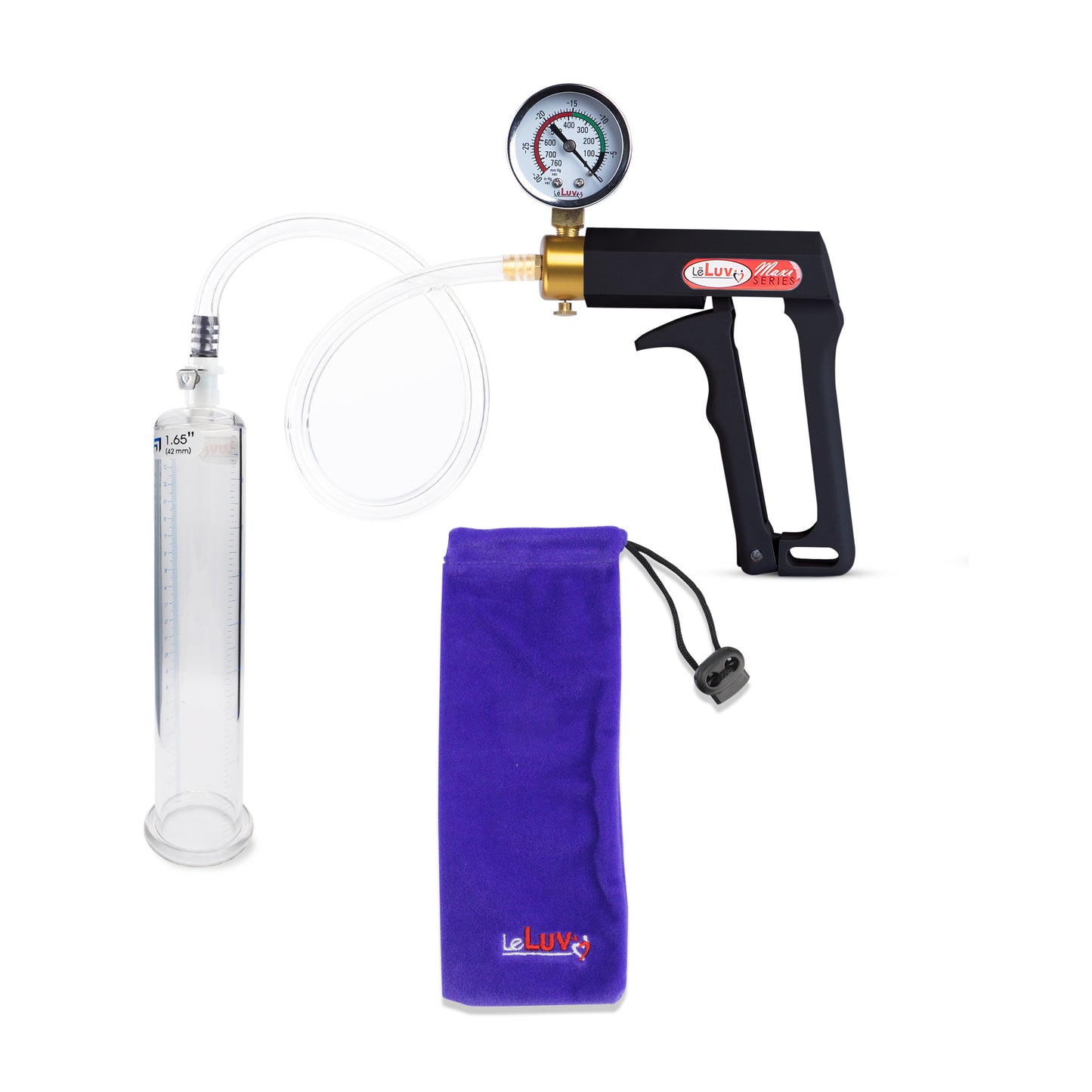 Maxi Black Handle Clear Hose | Penis Pump + Gauge | 9" x 1.65" Cylinder
