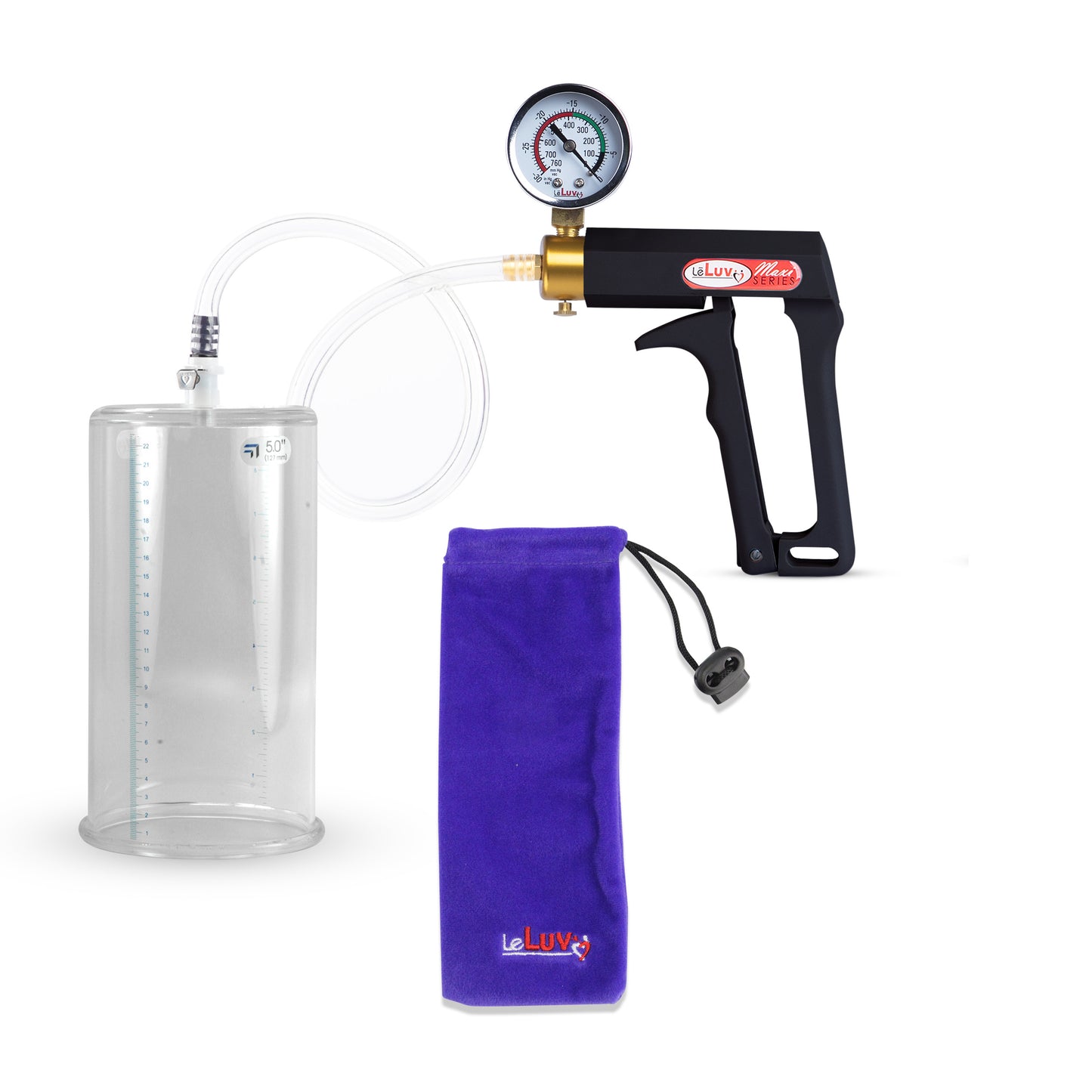 Maxi Black Handle Clear Hose | Penis Pump + Gauge | 9" x 5.00" Cylinder