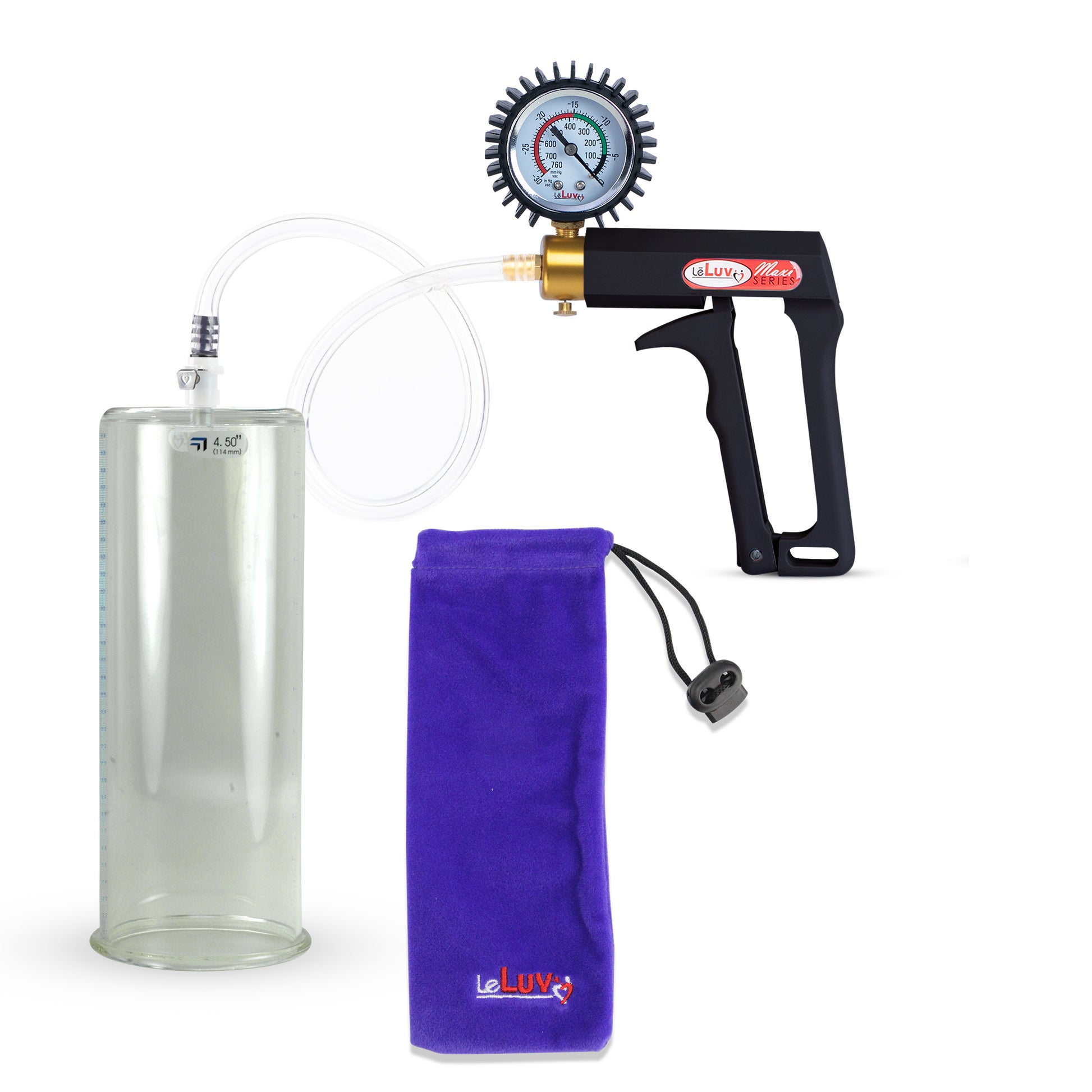 Maxi Black Handle Clear Hose | Penis Pump + Protected Gauge | 12" x 4.50" Cylinder