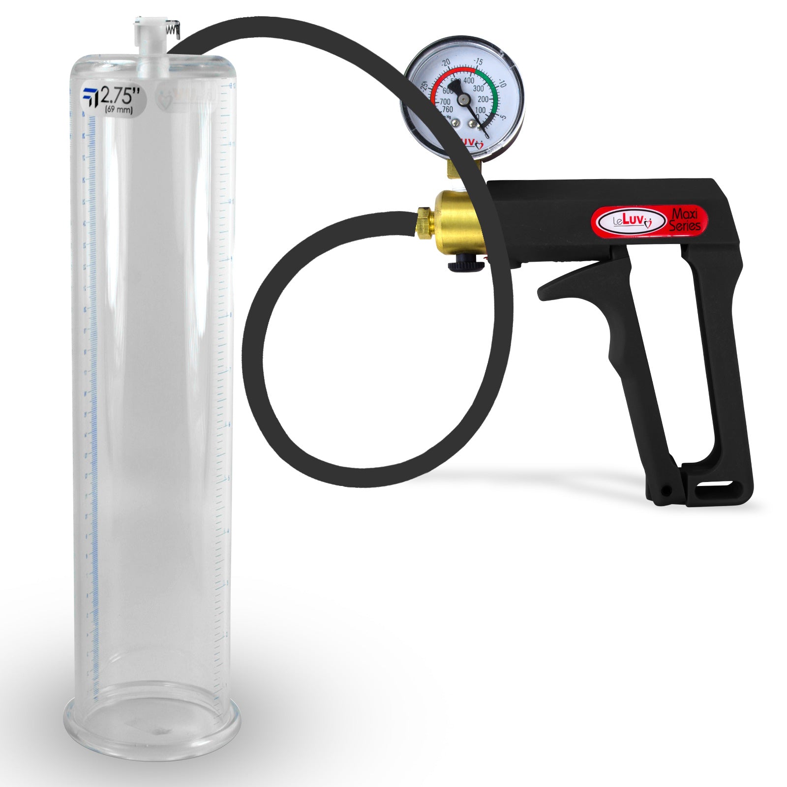 Maxi Black Handle Silicone Hose | Penis Pump + Gauge | 12" x 2.75" Cylinder