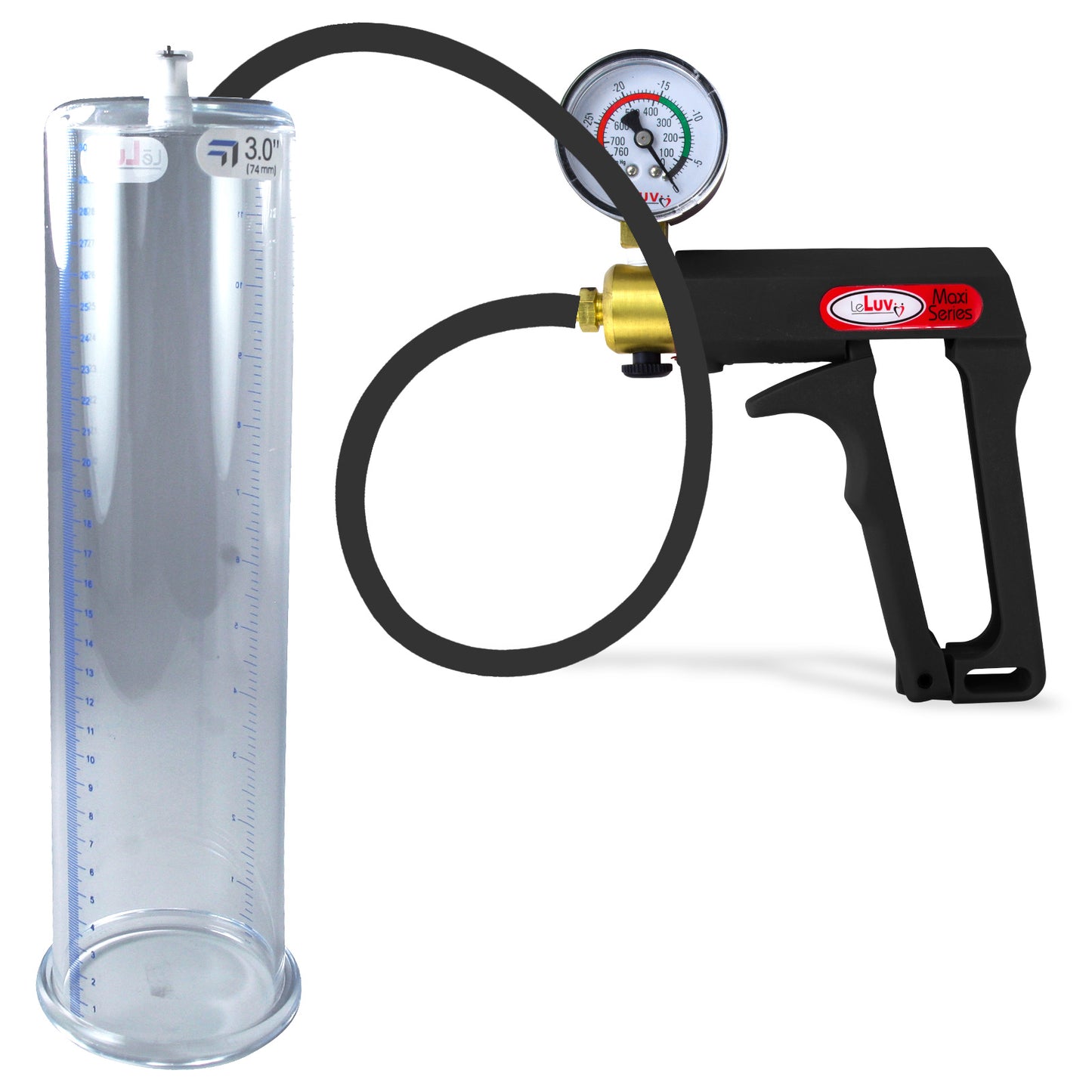 Maxi Black Handle Silicone Hose | Penis Pump + Gauge | 12" x 3.00" Cylinder