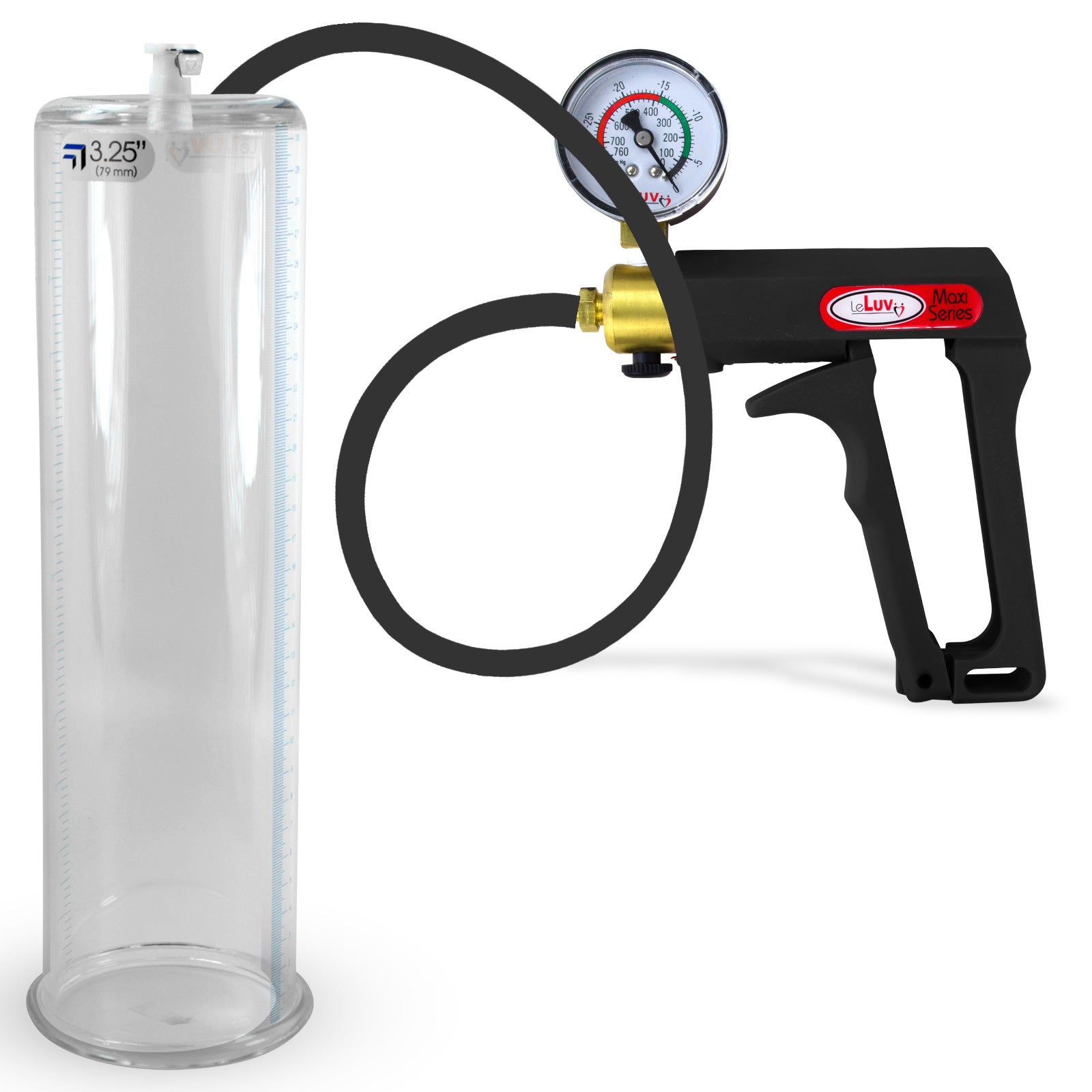 Maxi Black Handle Silicone Hose | Penis Pump + Gauge | 12" x 3.25" Cylinder