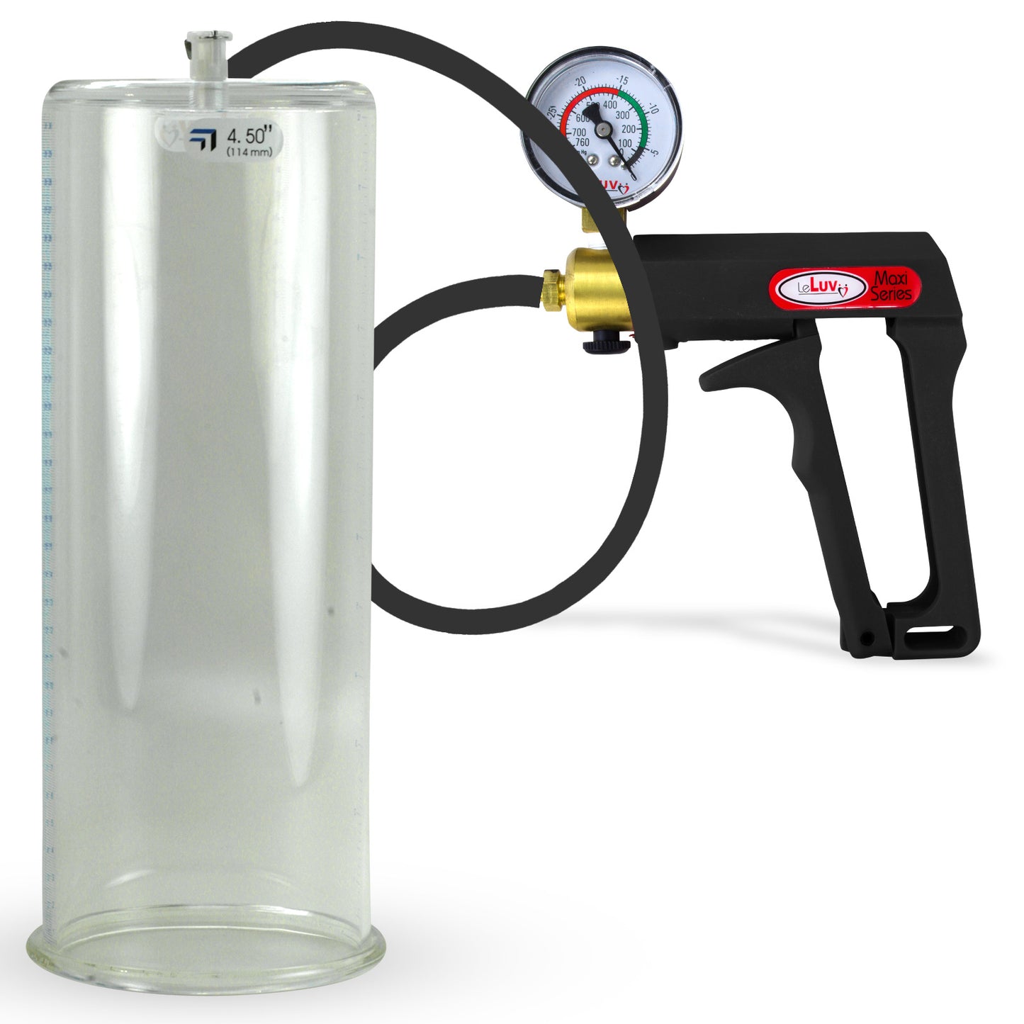 Maxi Black Handle Silicone Hose | Penis Pump + Gauge | 12" x 4.50" Cylinder