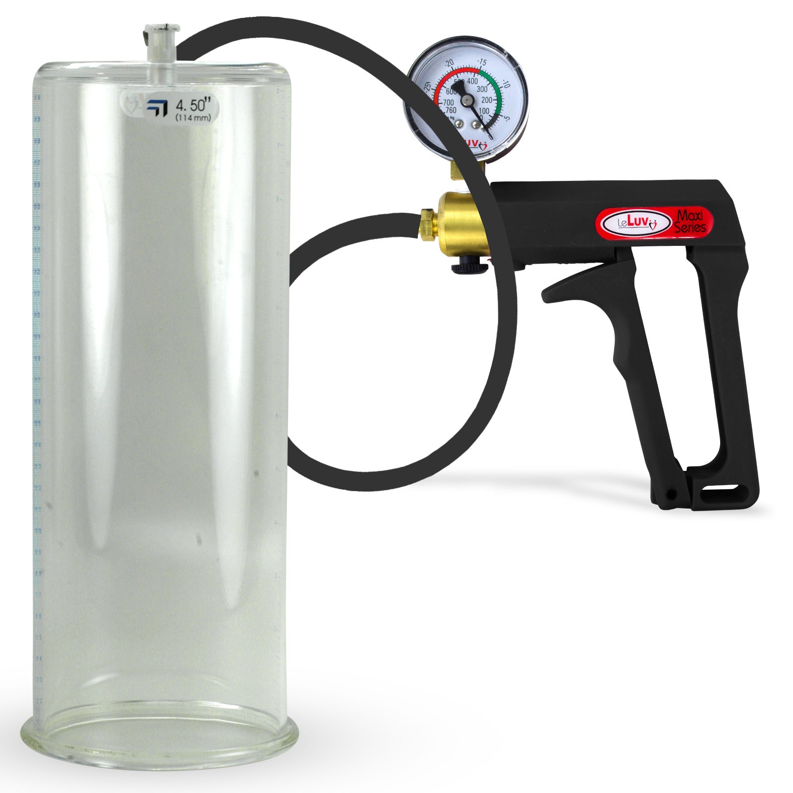 Maxi Black Handle Silicone Hose | Penis Pump + Gauge | 12" x 4.50" Cylinder