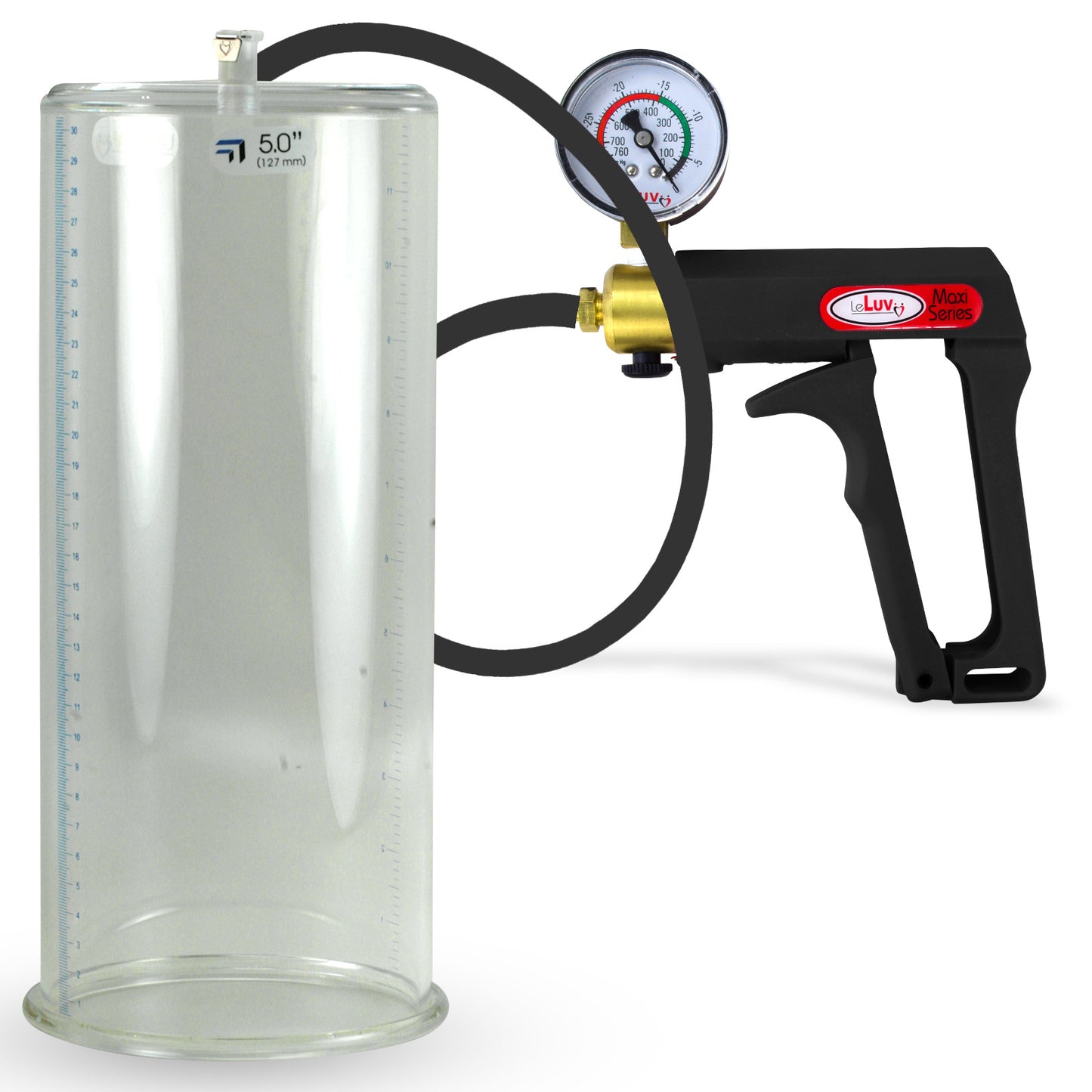 Maxi Black Handle Silicone Hose | Penis Pump + Gauge | 12" x 5.00" Cylinder