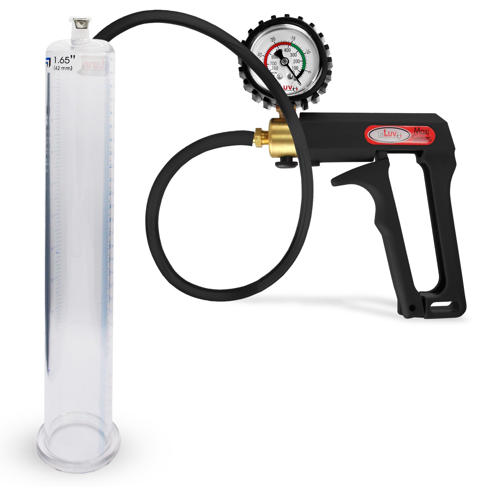 Maxi Black Handle Silicone Hose | Penis Pump + Protected Gauge | 12" x 1.65" Cylinder