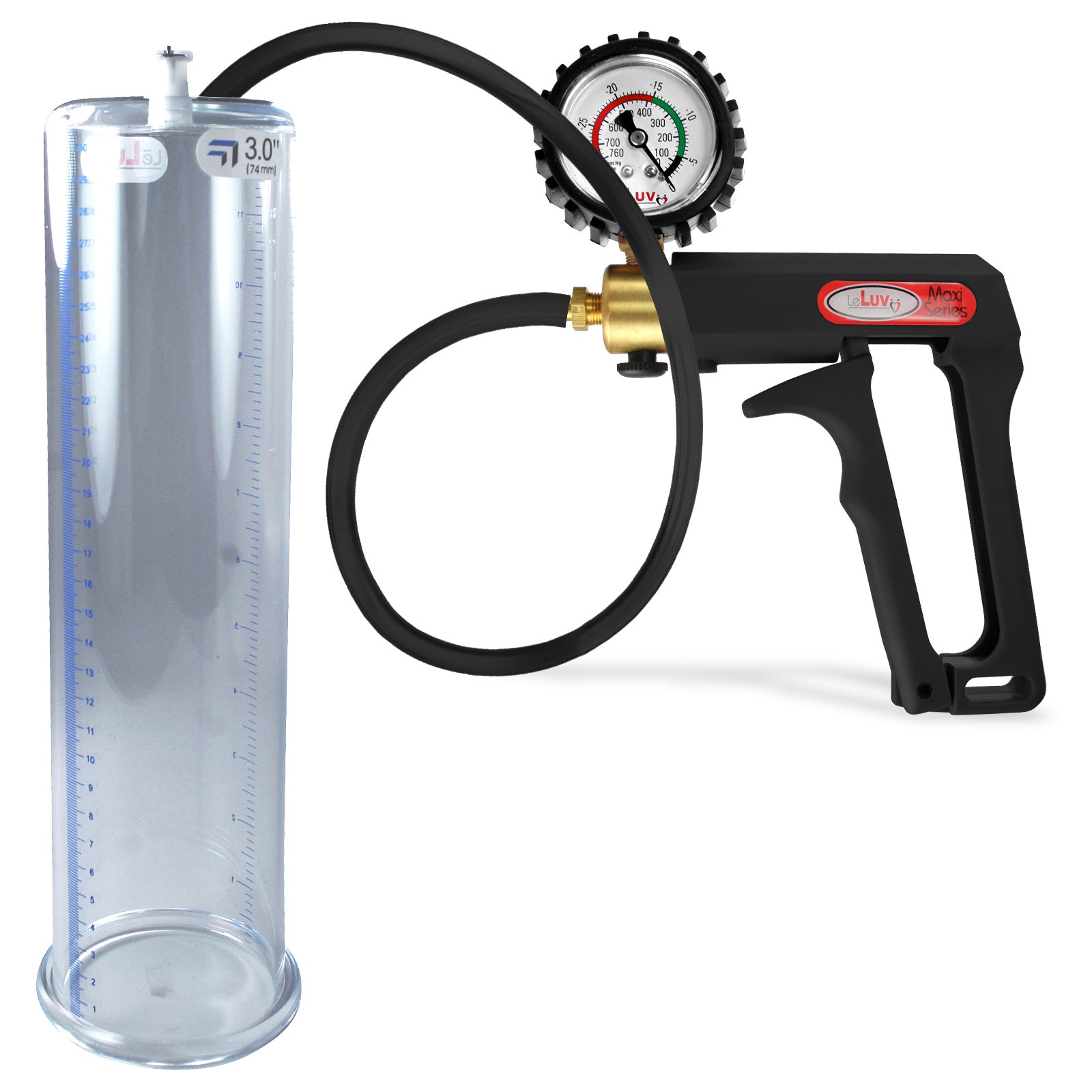 Maxi Black Handle Silicone Hose | Penis Pump + Protected Gauge | 12" x 3.00"