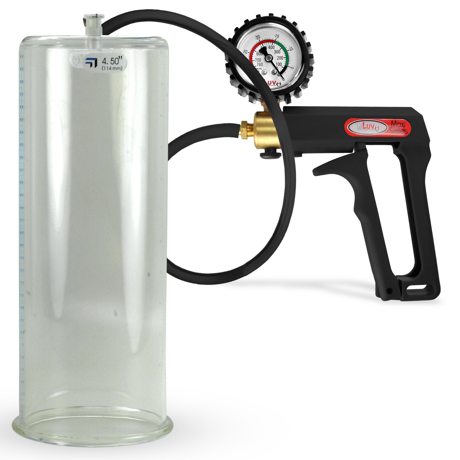 Maxi Black Handle Silicone Hose | Penis Pump + Protected Gauge | 12" x 4.50" Cylinder