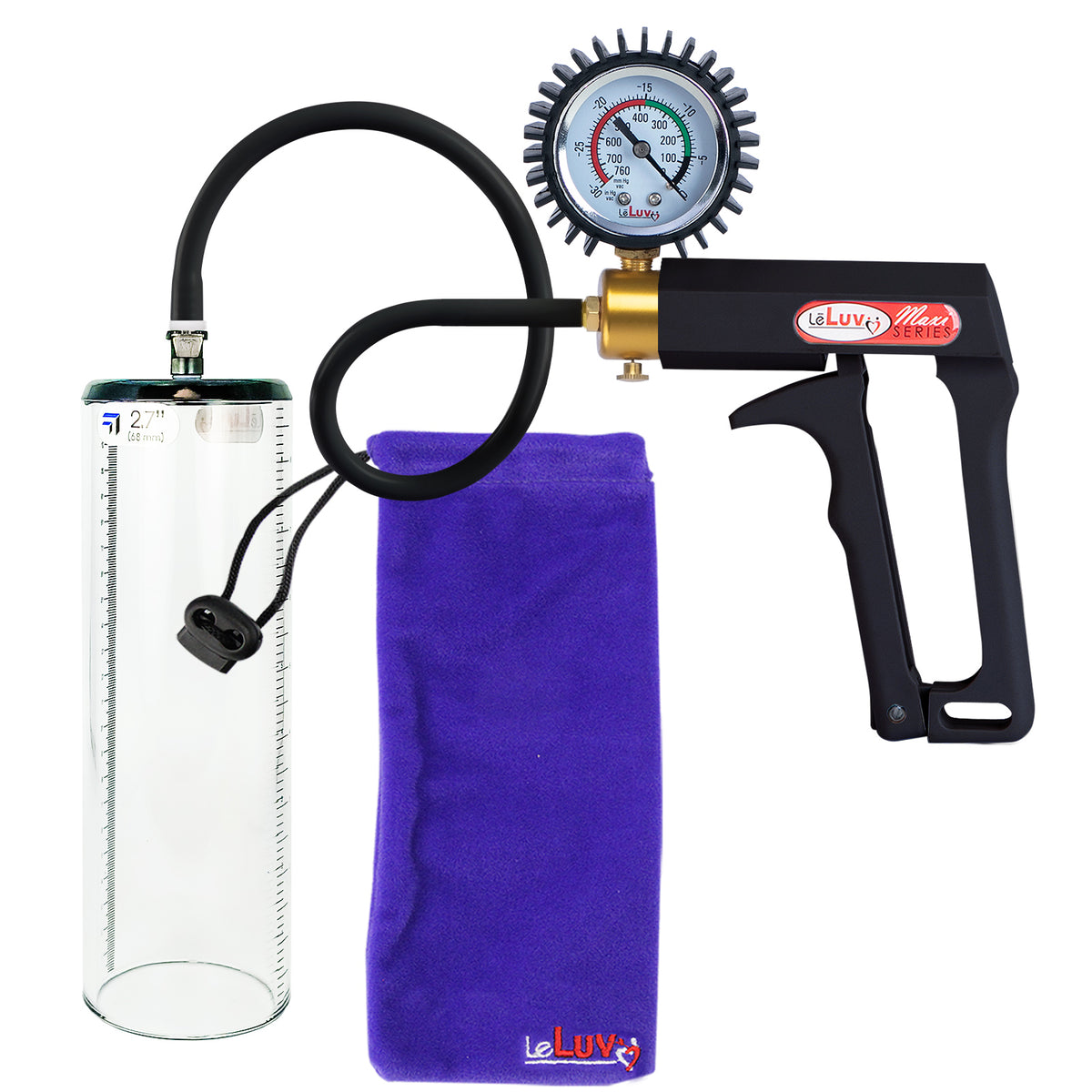Maxi Black Handle Silicone Hose | Penis Pump + Protected Gauge | 9" x 2.7" Thick-Walled Cylinder