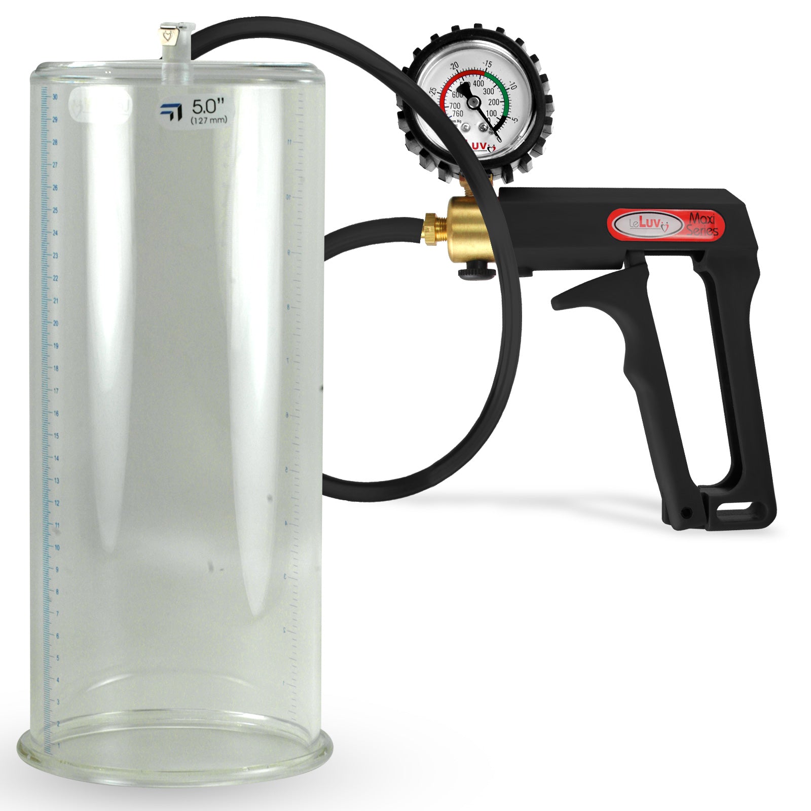Maxi Black Handle Silicone Hose | Penis Pump + Protected Gauge | 9" x 5.00" Cylinder