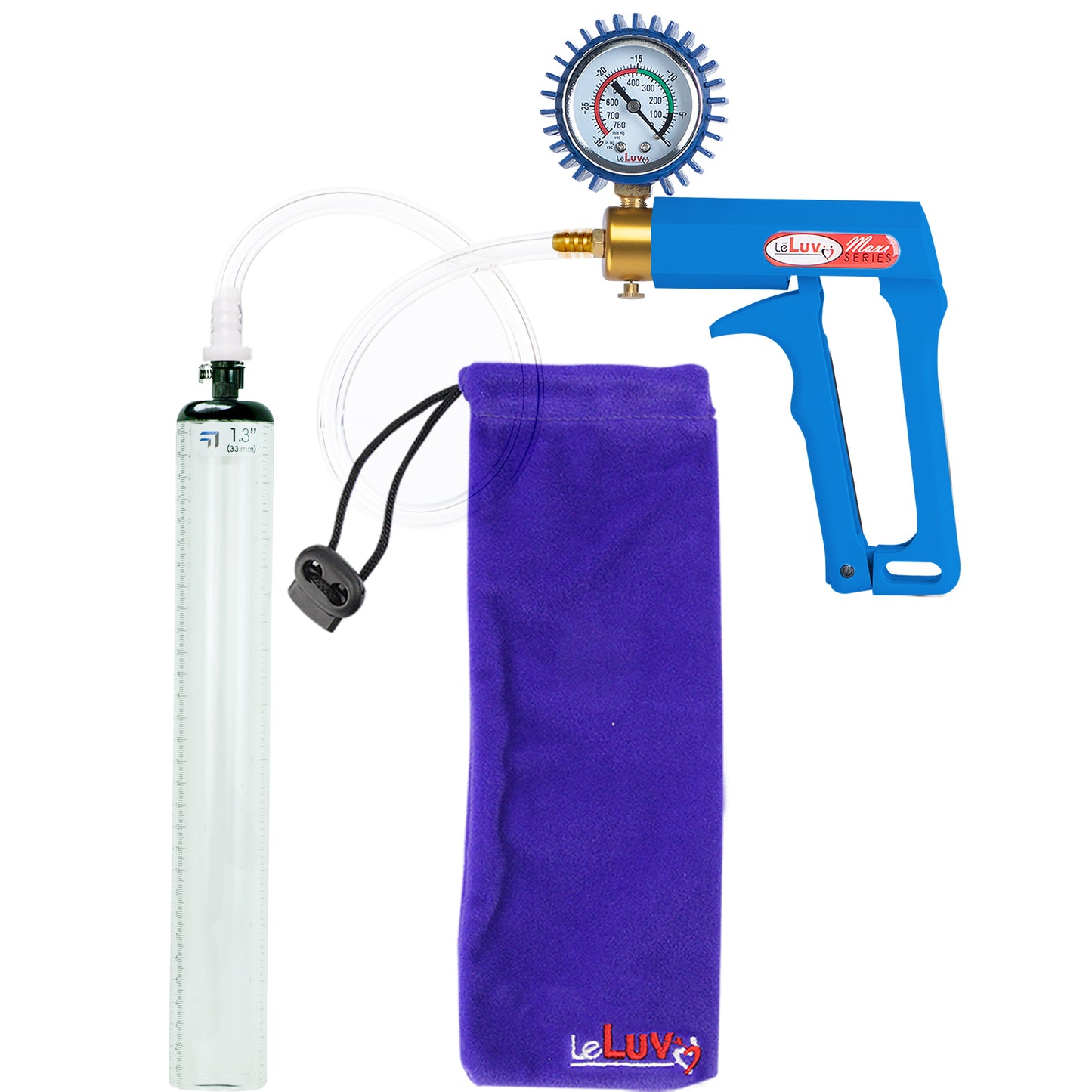 Maxi Blue Handle Clear Hose | Penis Pump + Protected Gauge | 12" x 1.3" Thick-Walled Cylinder