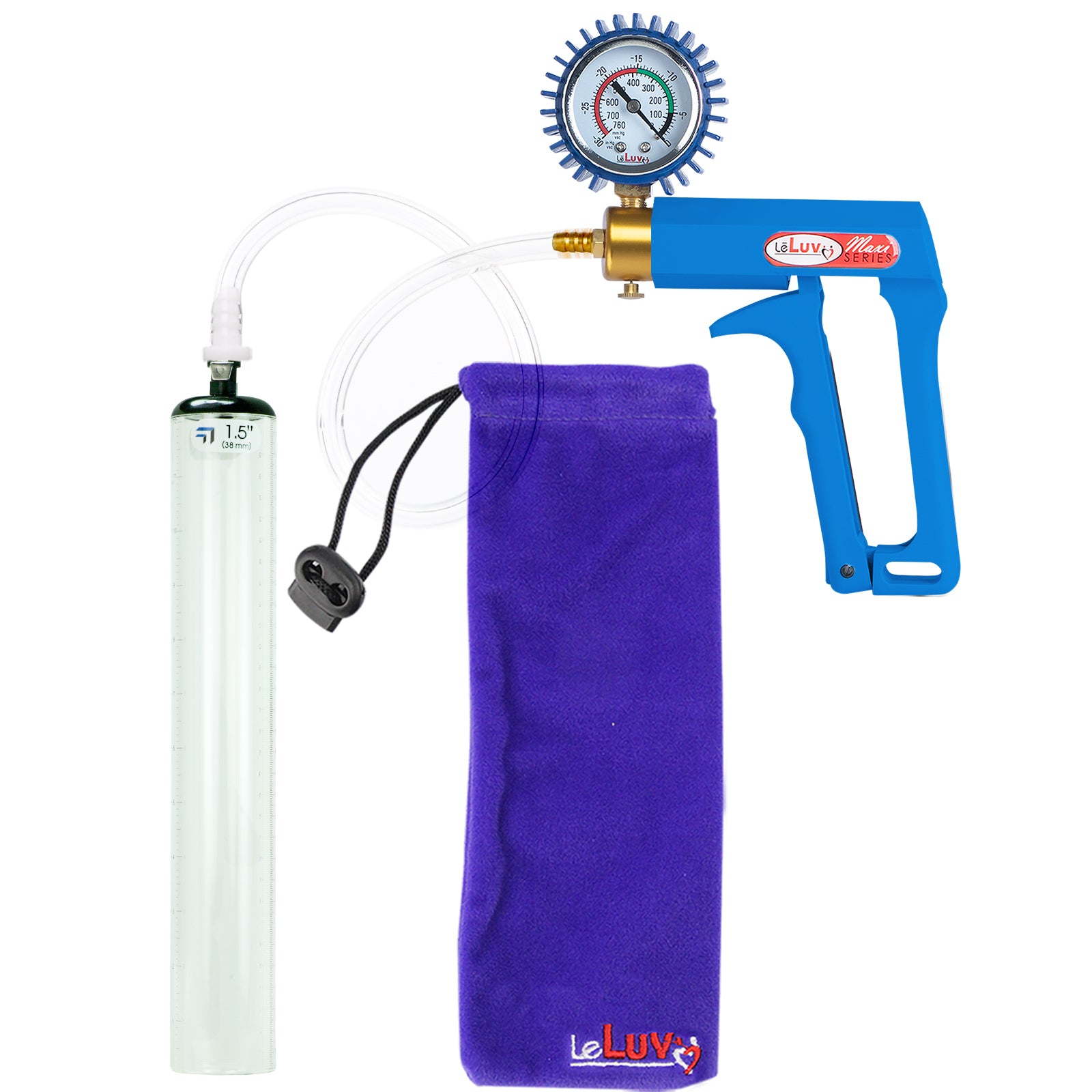 Maxi Blue Handle Clear Hose | Penis Pump + Protected Gauge | 12" x 1.5" Thick-Walled Cylinder