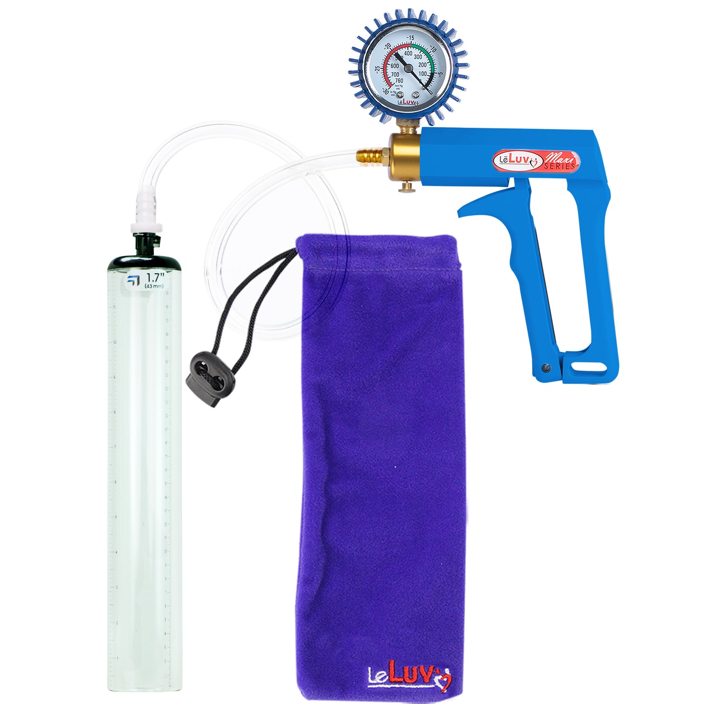 Maxi Blue Handle Clear Hose | Penis Pump + Protected Gauge | 12" x 1.7" Thick-Walled Cylinder