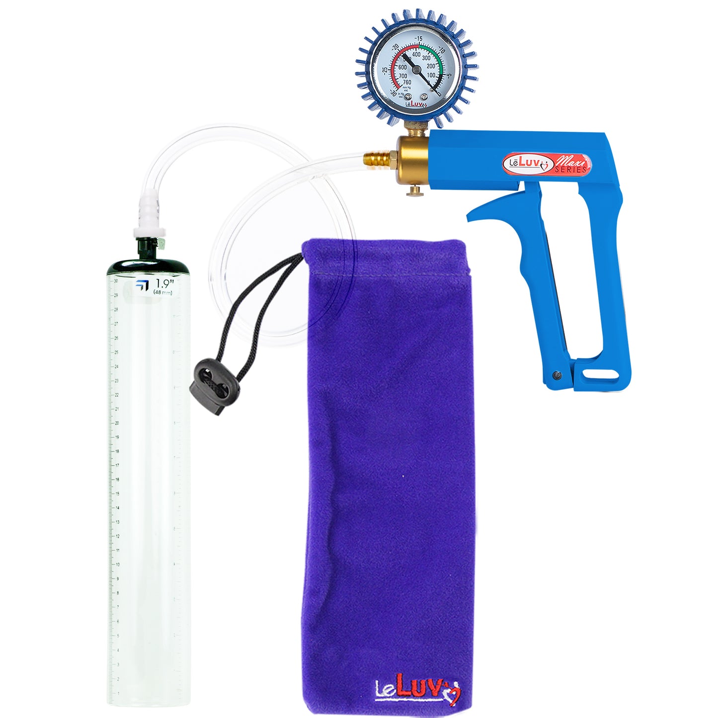 Maxi Blue Handle Clear Hose | Penis Pump + Protected Gauge | 12" x 1.9" Thick-Walled Cylinder