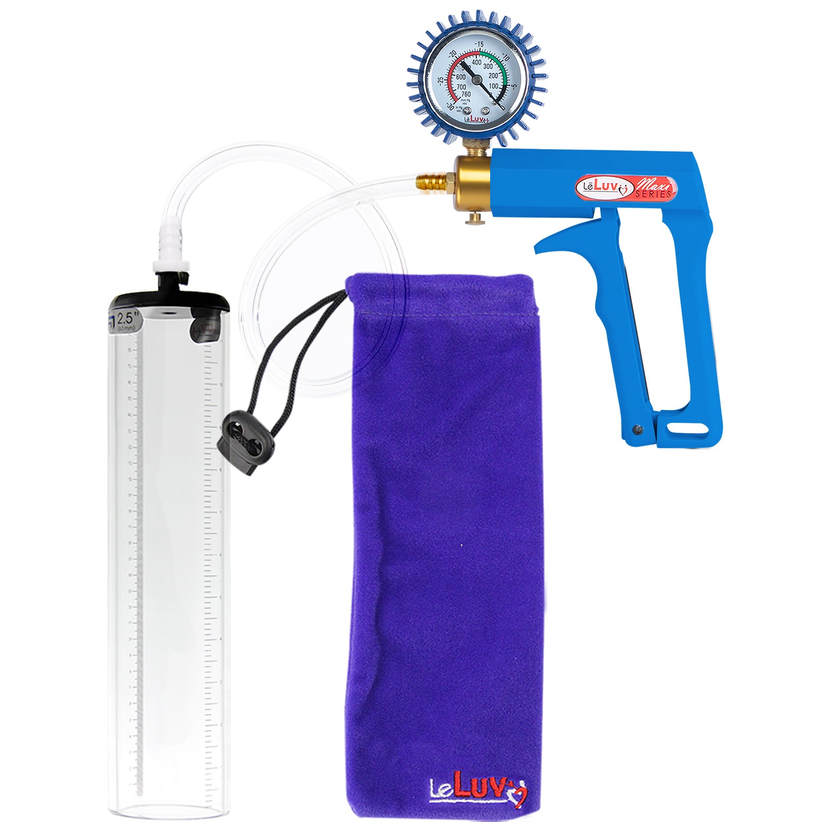 Maxi Blue Handle Clear Hose | Penis Pump + Protected Gauge | 12" x 2.5" Thick-Walled Cylinder