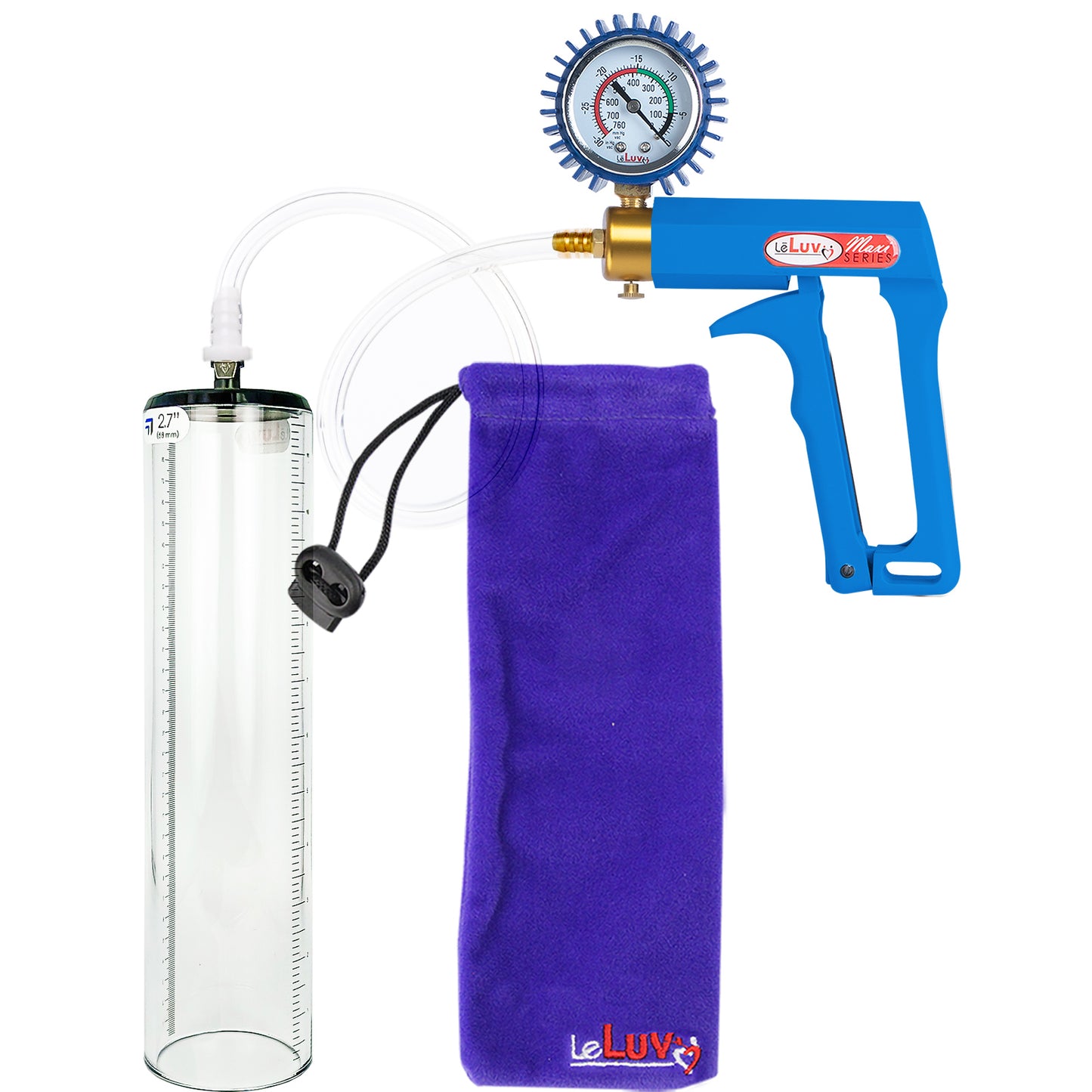 Maxi Blue Handle Clear Hose | Penis Pump + Protected Gauge | 12" x 2.7" Thick-Walled Cylinder