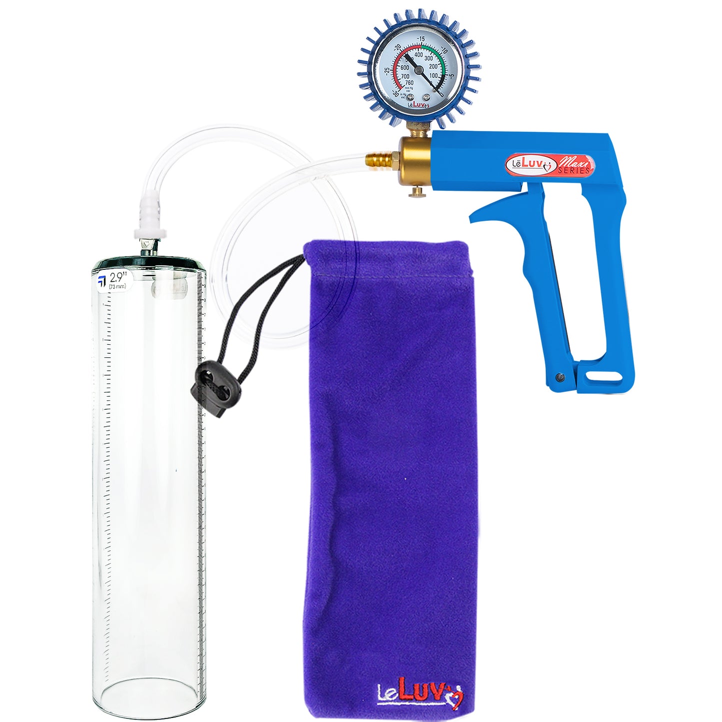 Maxi Blue Handle Clear Hose | Penis Pump + Protected Gauge | 12" x 2.9" Thick-Walled Cylinder