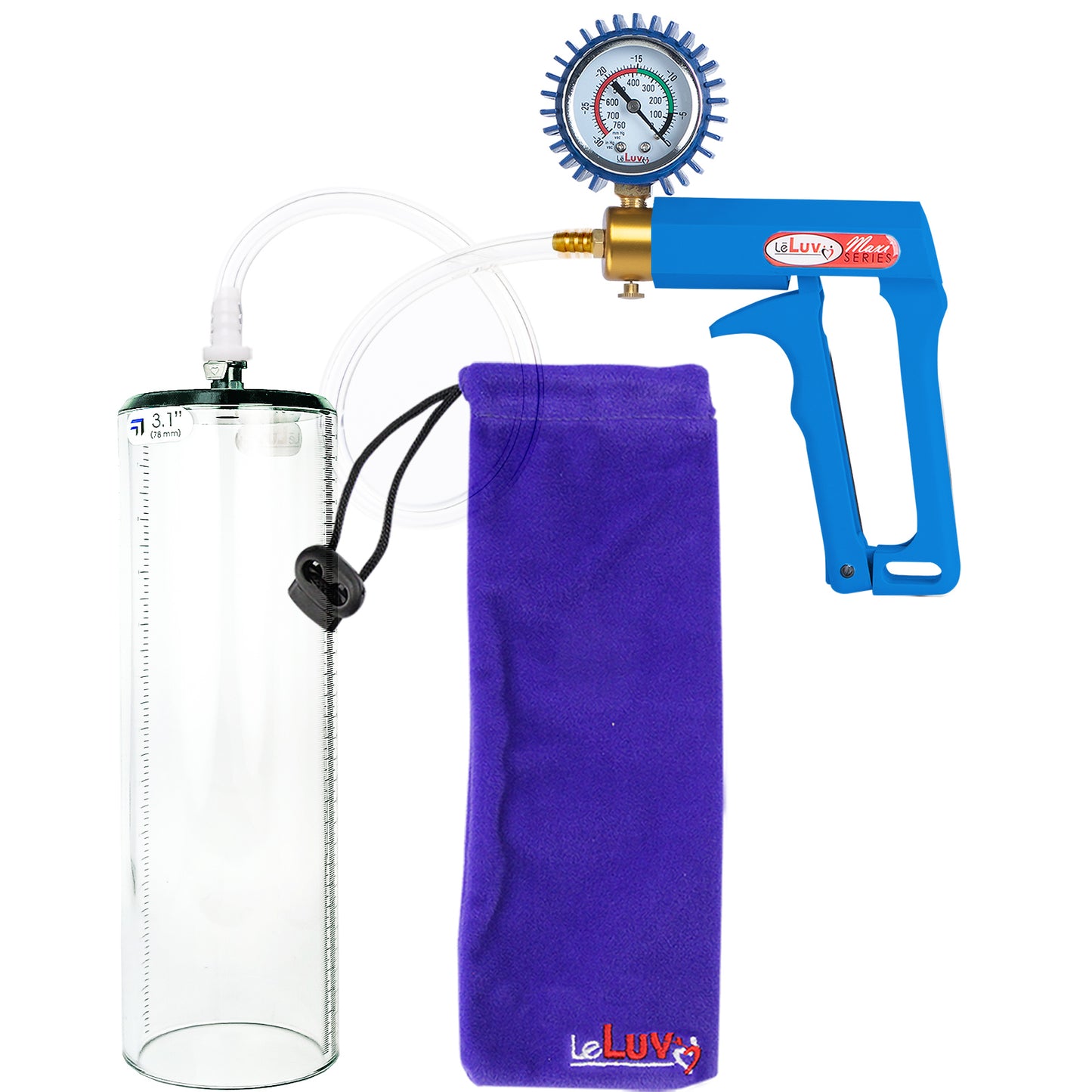 Maxi Blue Handle Clear Hose | Penis Pump + Protected Gauge | 12" x 3.1" Thick-Walled Cylinder